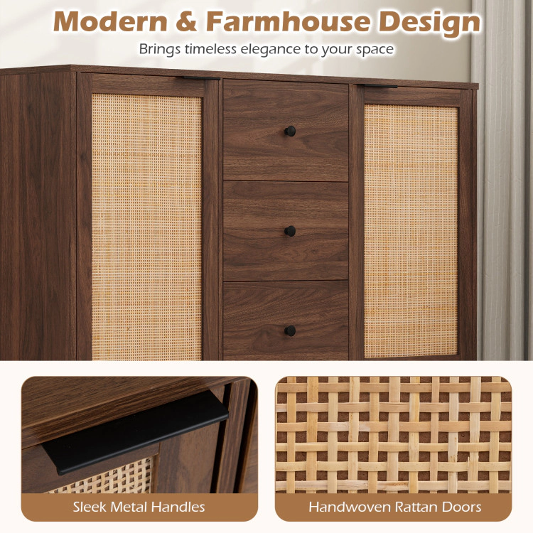 Hivvago Sideboard Buffet Cabinet Rustic Farmhouse Coffee Bar Table With 2 Rattan Doors And 3 Drawers