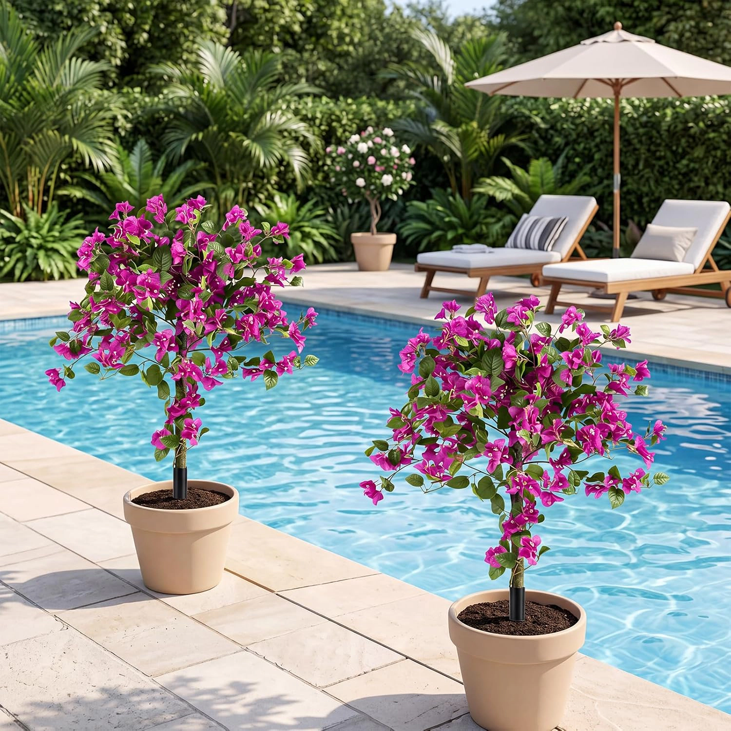 SlickBlue Artificial Bougainvillea Tree Set of 2 Pink Floral Faux Plant Porch Patio Decor
