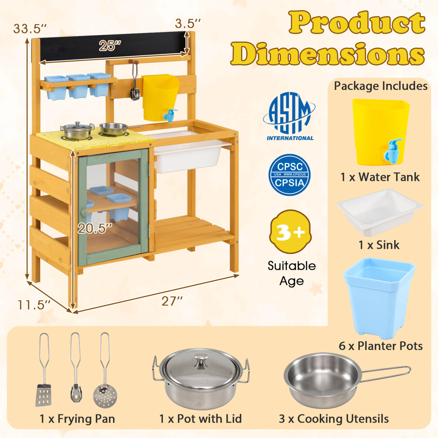 LJG Wooden Mud Kitchen for Toddlers with Faucet and Water Tank