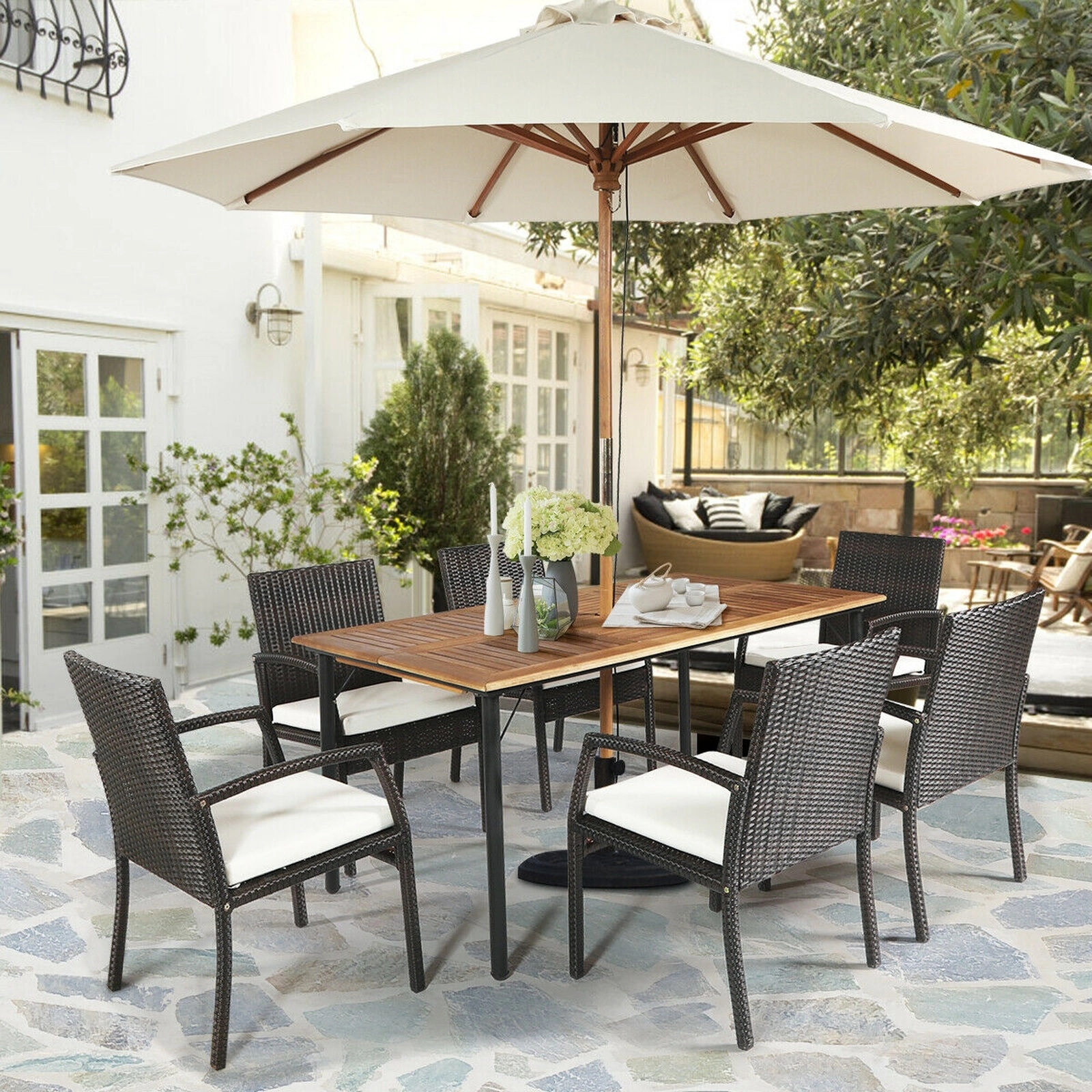 SUGIFT 7-Piece White PE Wicker Patio Dining Set, 63-Inch Table, 6 Cushioned Armchairs