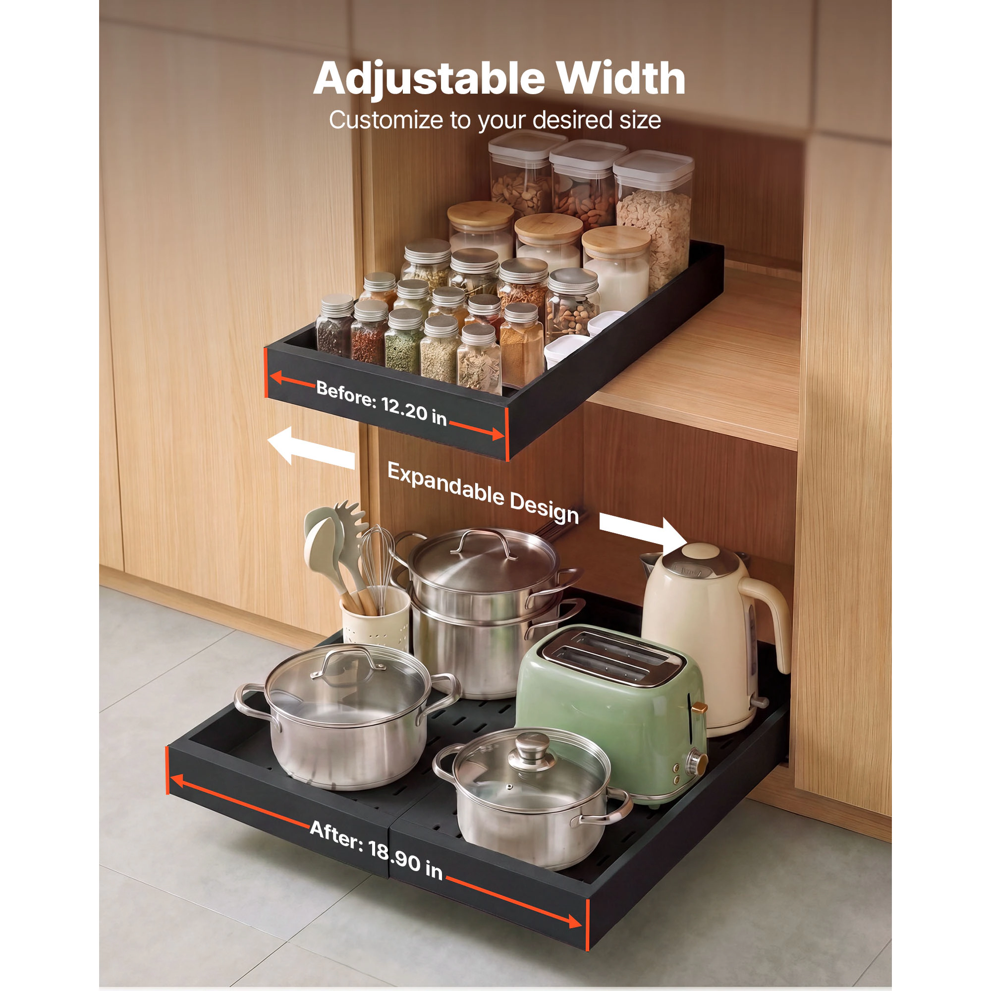 HONGGE Pull Out Cabinet Organizer Expandable Width 12.2" - 18.9" 20.47" Deep Drawers for Cabinets Sliding