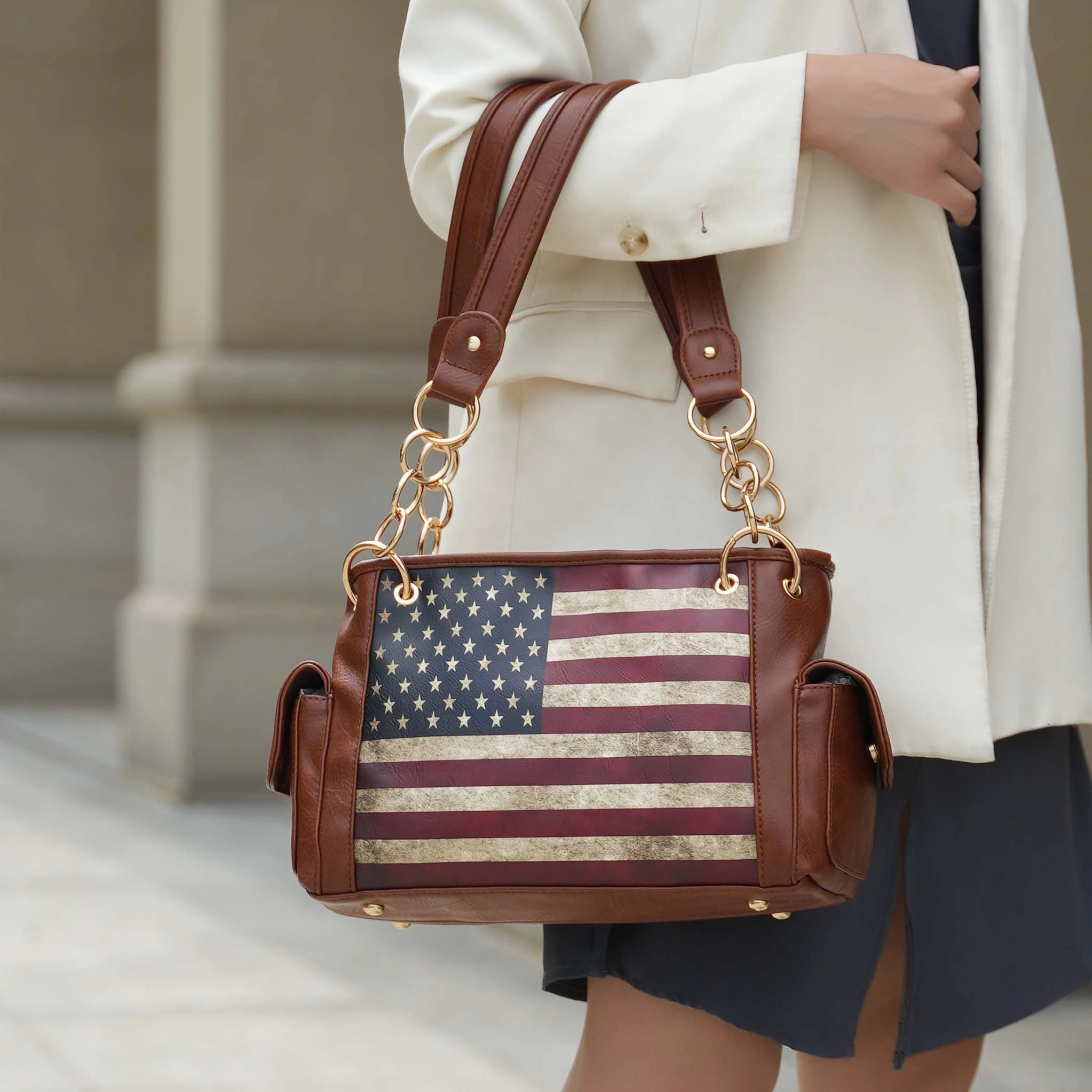 Mia K Collection Alaina Shoulder Bag - Vegan Leather Patriotic Print, Gold-Tone Hardware