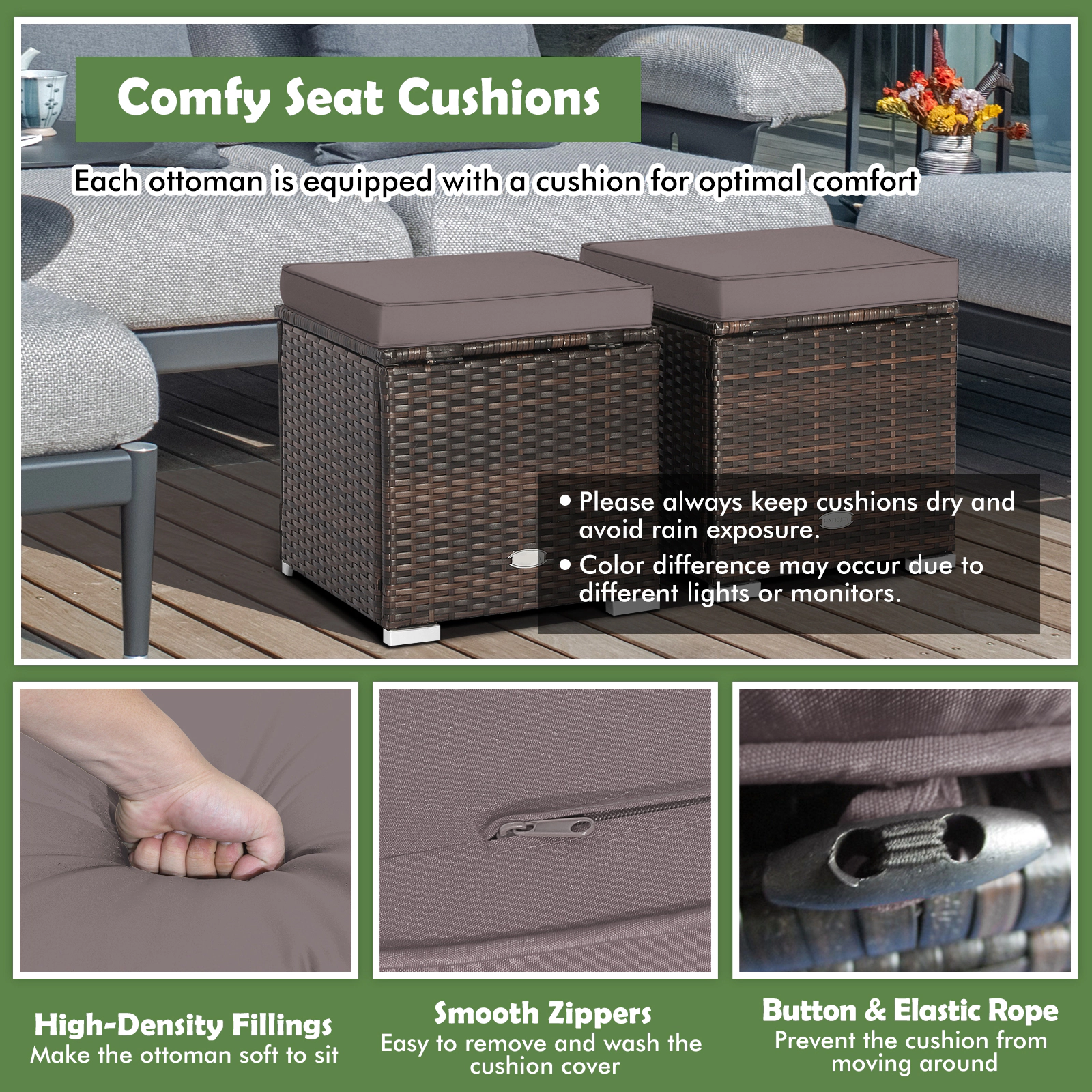 SUGIFT Set of 2 Brown 16-Inch Outdoor Wicker Storage Ottomans with Removable Cushions