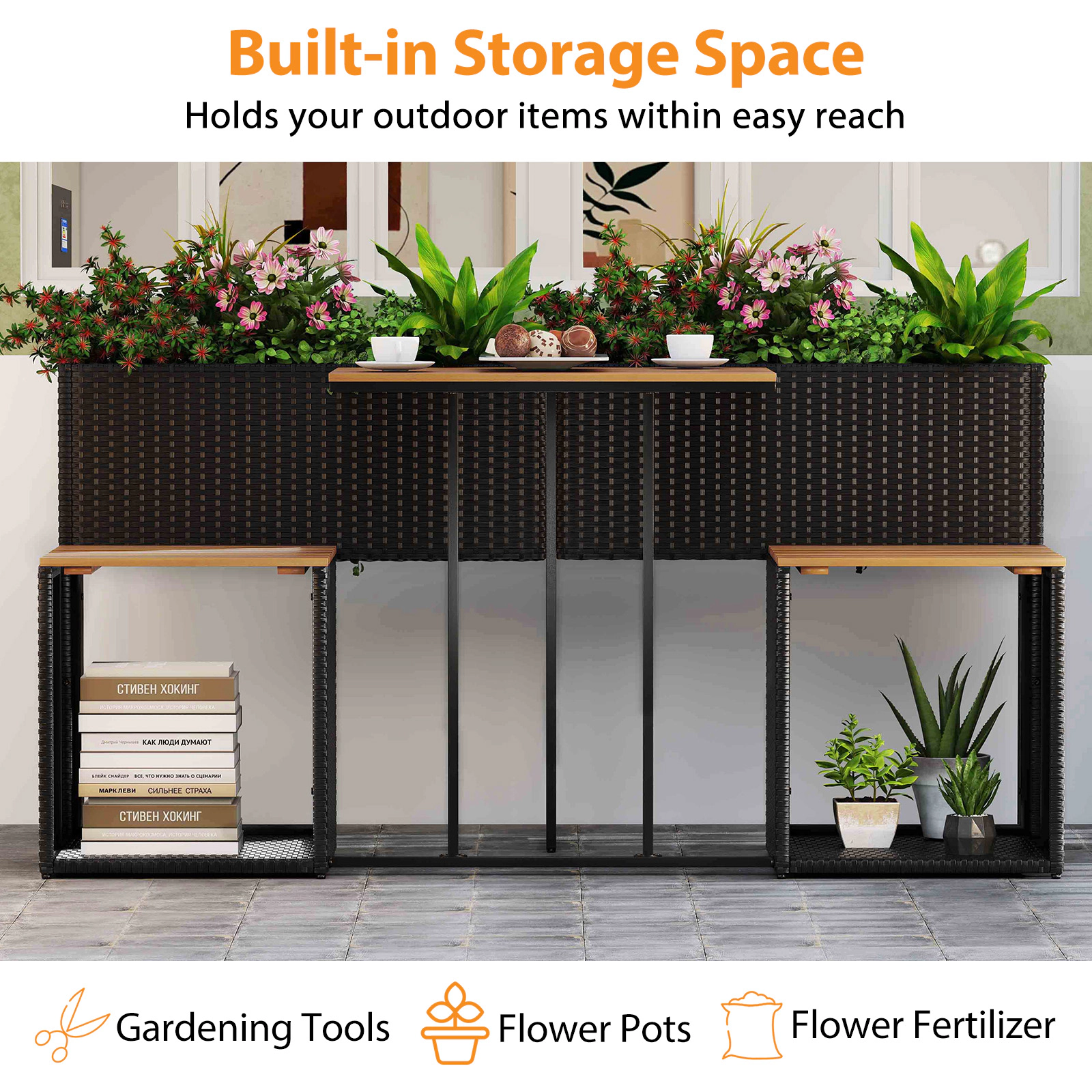 SUGIFT 59-In Black Patio Set with Raised Garden Bed, Planter Table, 2 Seats and Storage Shelf