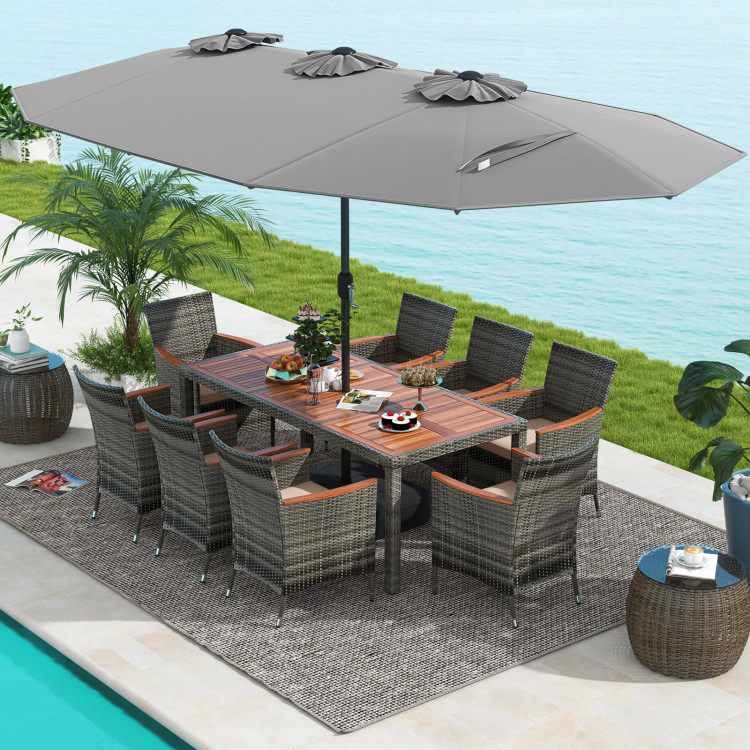 Hivvago 10 Pieces Patio Wicker Dining Set With 15 Feet Double-Sided Umbrella