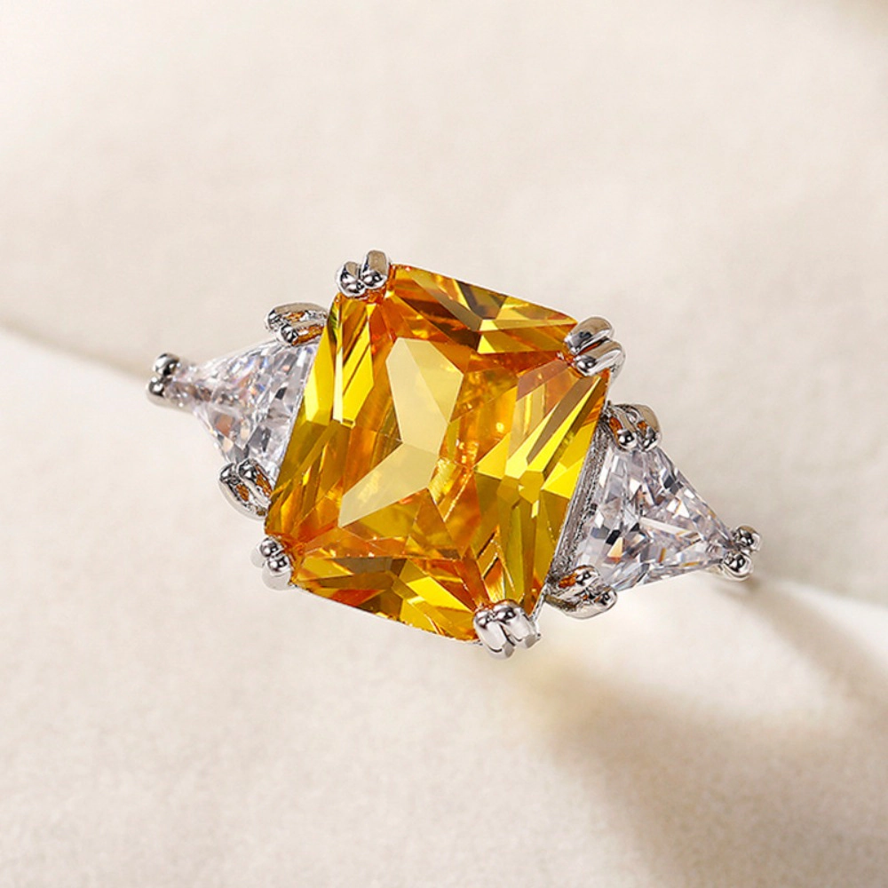 Wardrobe Whimsy Radiant Cut Yellow Cubic Zirconia Three Stone Statement Ring Elegant Fashion Jewelry