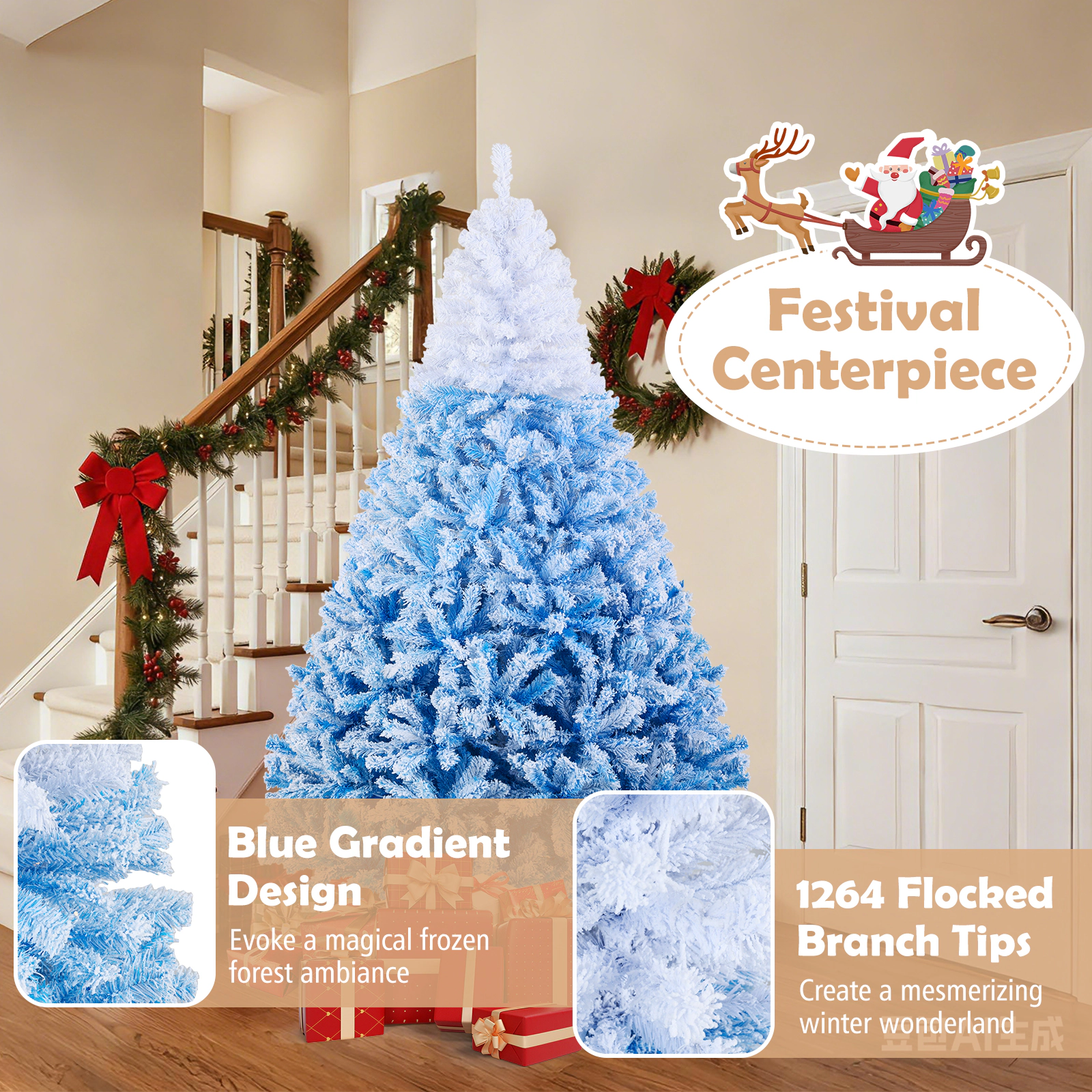 SUGIFT 7-ft Snow Flocked Gradient Pre-Lit Artificial Christmas Tree 1264 Tips 350 Warm White LEDs 3 Sections Blue