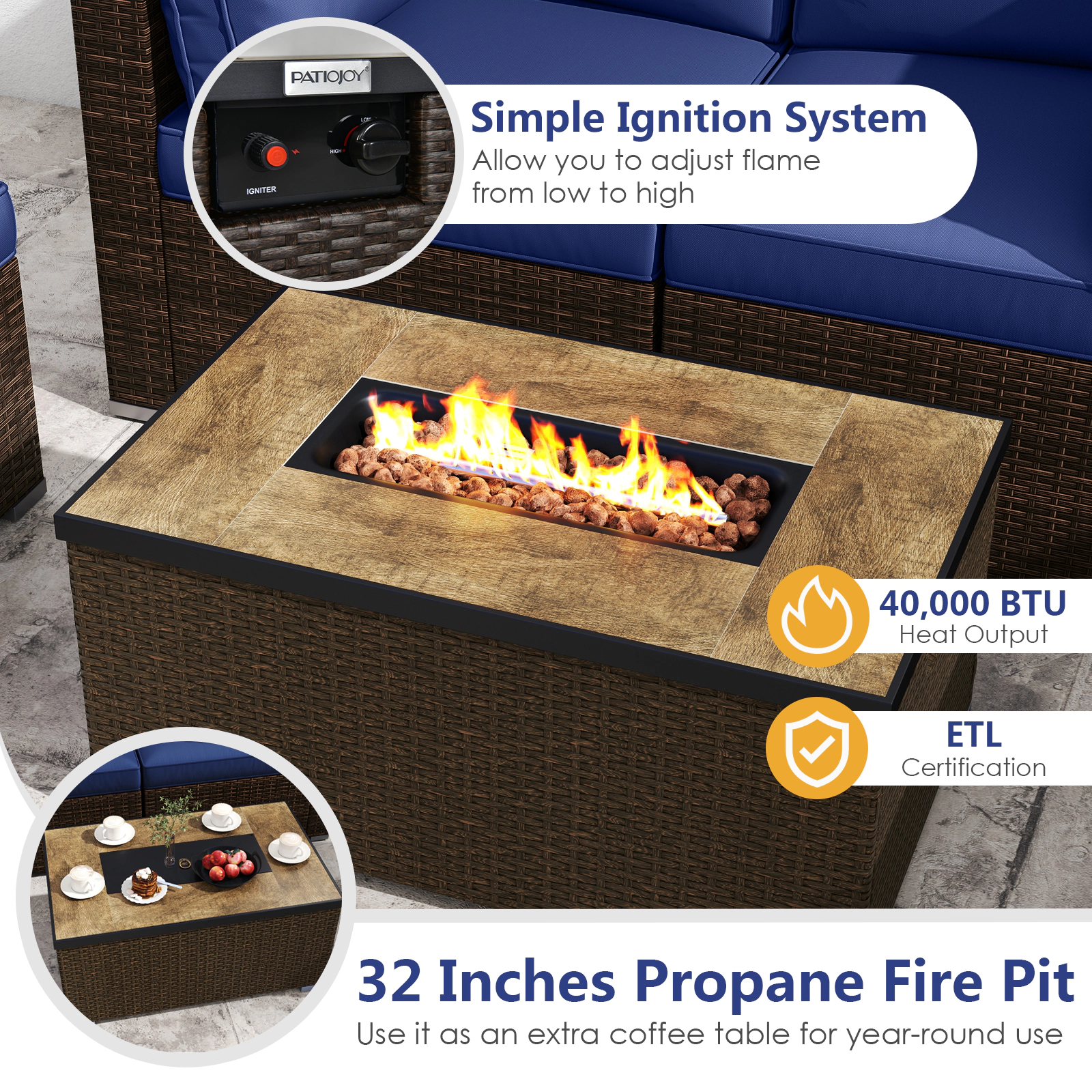 SUGIFT 32 40000 BTU Fire Pit Table and Propane Tank Cover 7-Piece Patio Set