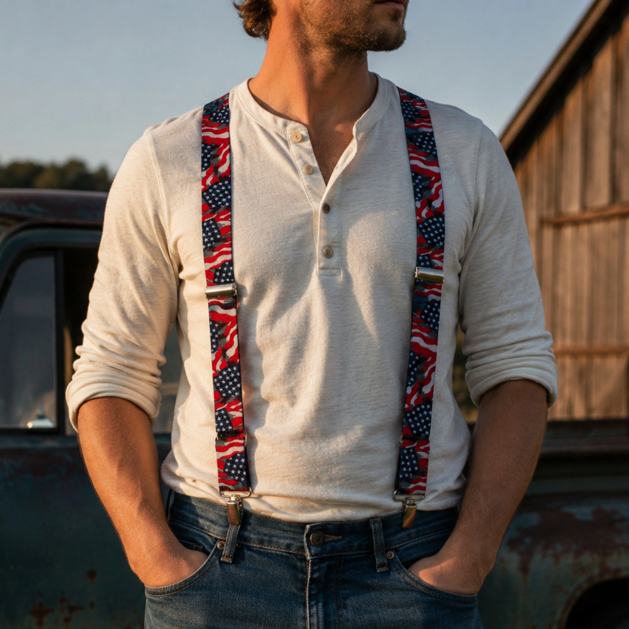 CTM Men's Elastic American Flag Suspender with Hook Ends