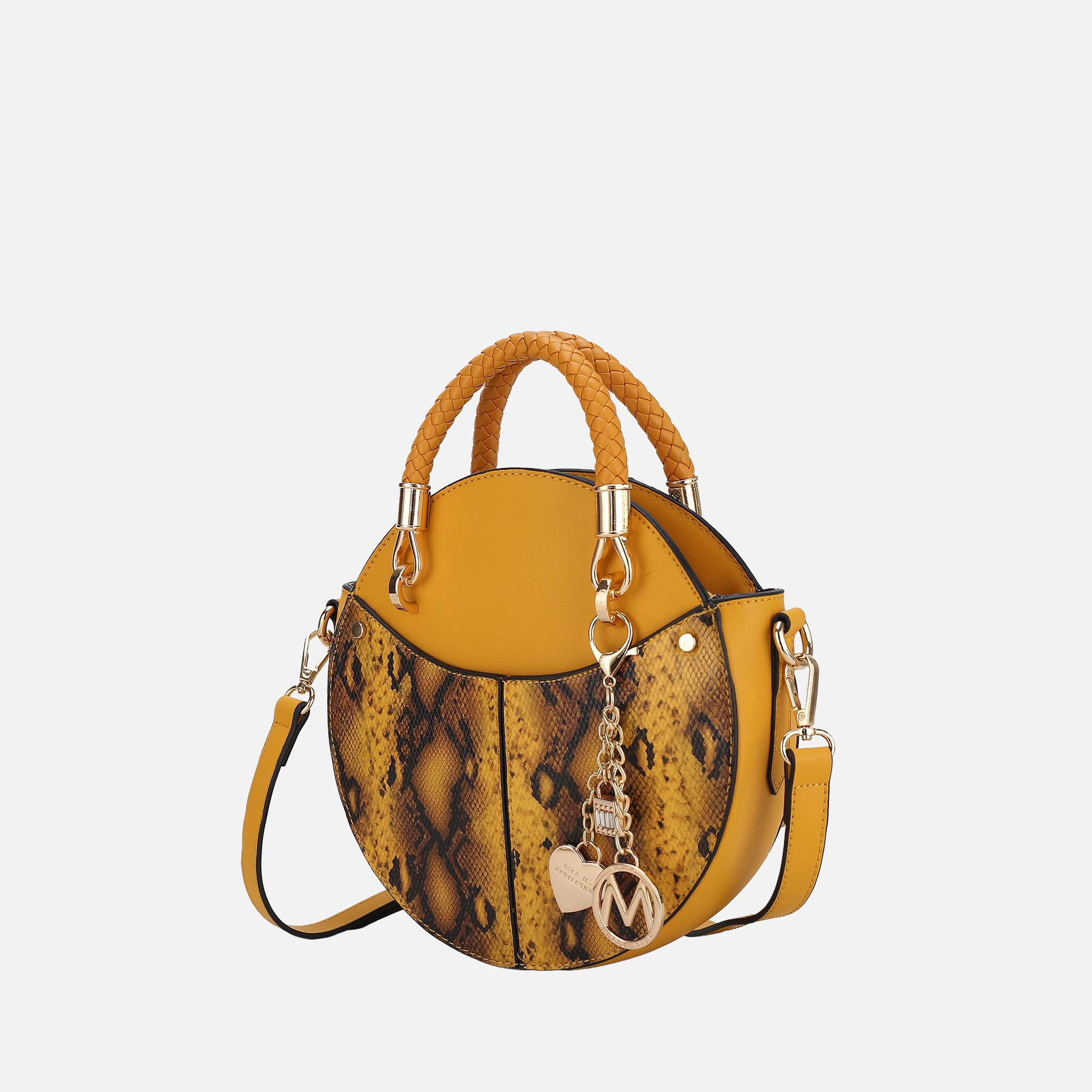MKF Collection by Mia K Camille Round Crossbody Bag - Snake Embossed Vegan Leather, Mustard