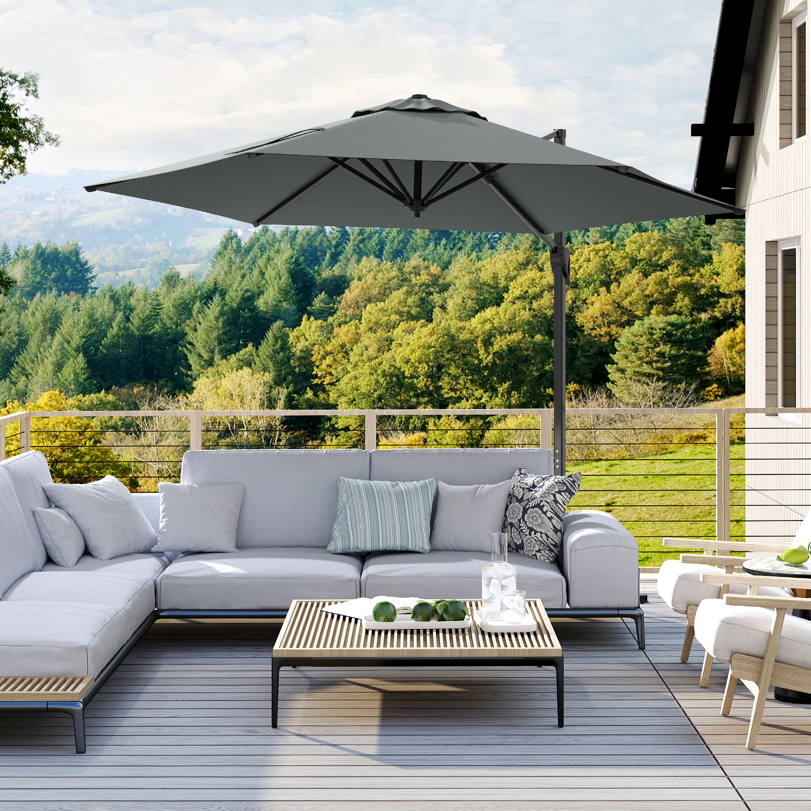 SUGIFT 9-ft Gray Offset Cantilever Hanging Patio Umbrella with Vented Top and Reinforced Rib Pockets