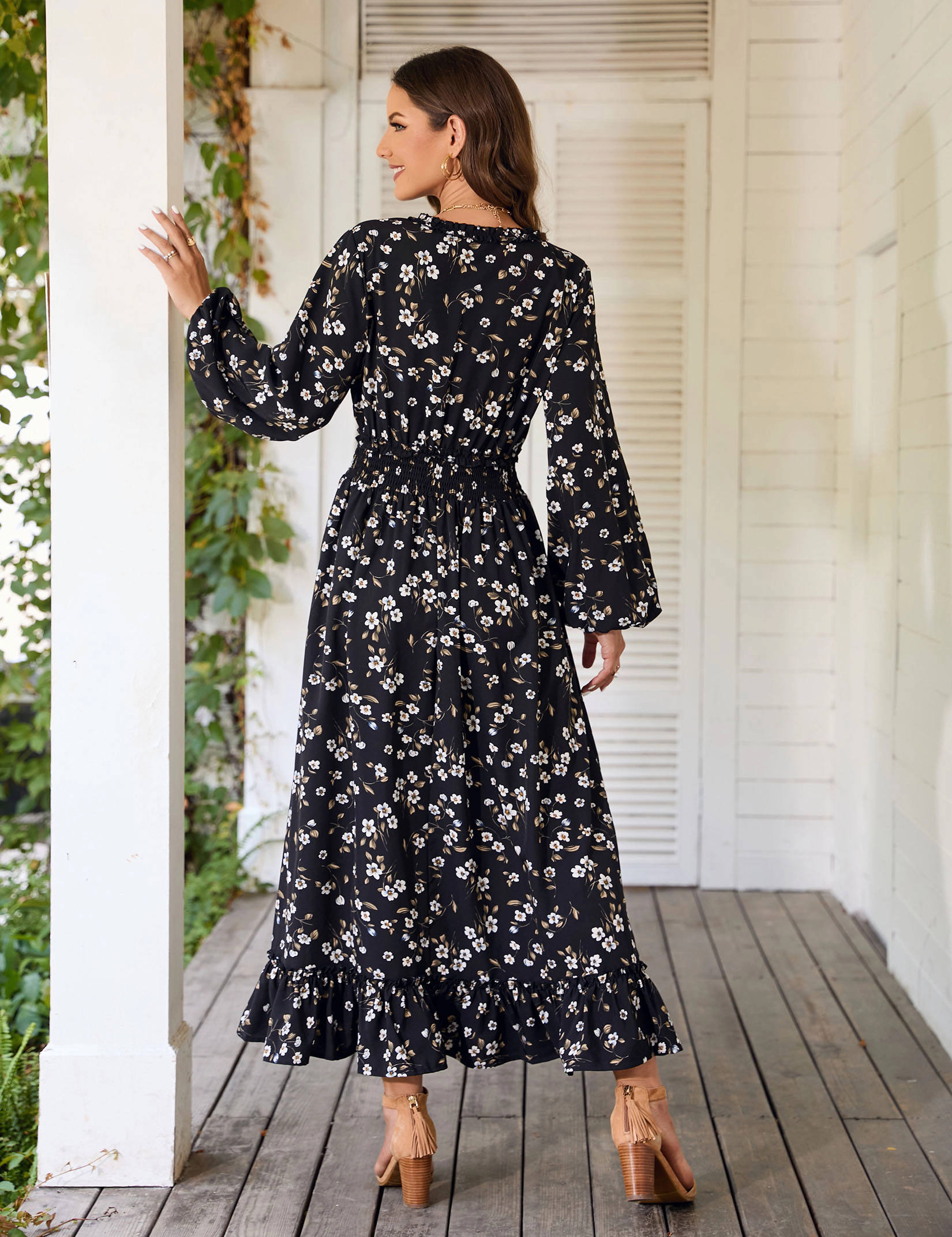 KOJOOIN Women's V Neck Floral Print Smocked Waist Maxi Dresses Flowy Dress