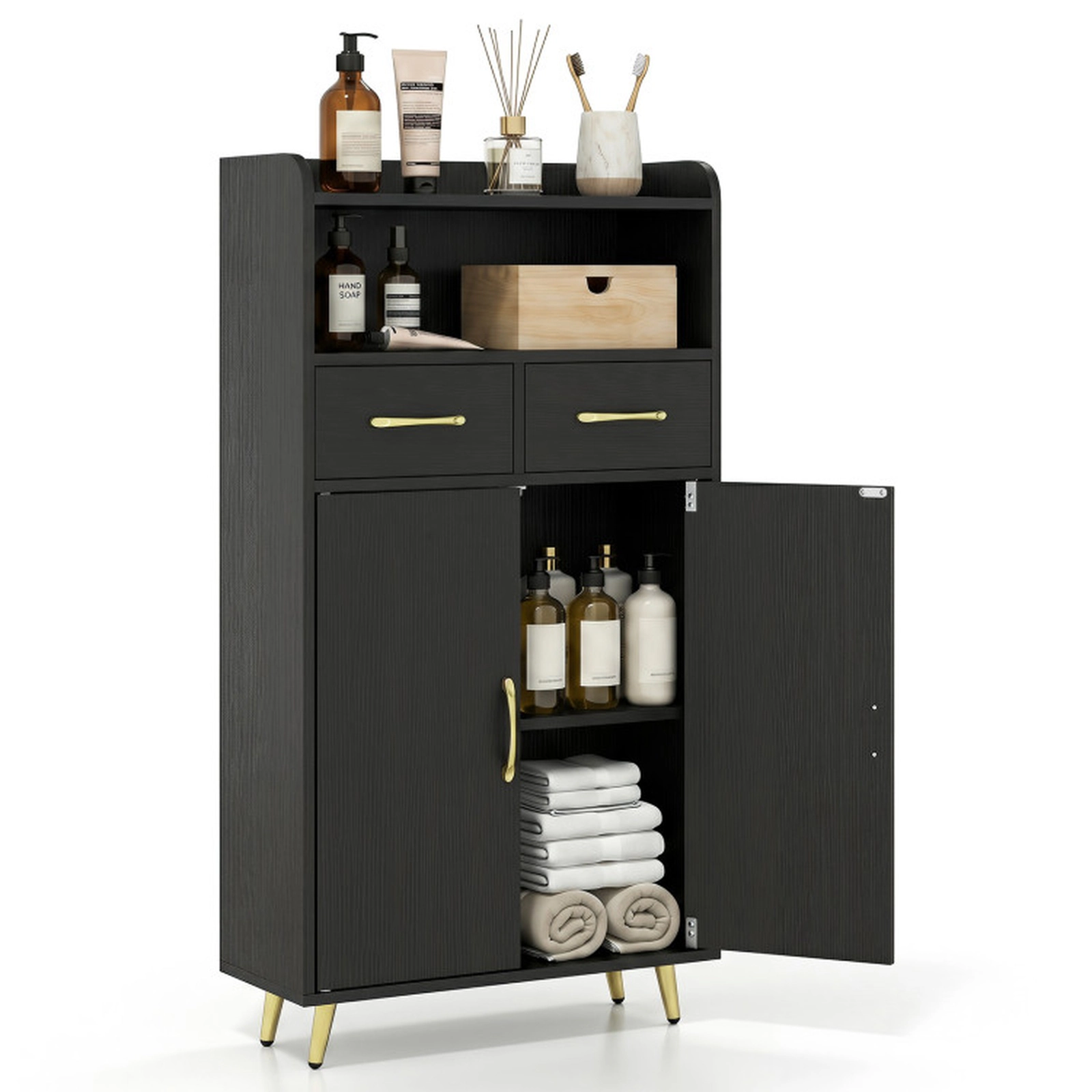 SUGIFT 2 Drawers 2 Doors Adjustable Inner Shelf Bathroom Floor Storage Cabinet 24-in x 11-in x 42.5-in 44-lb Top Black
