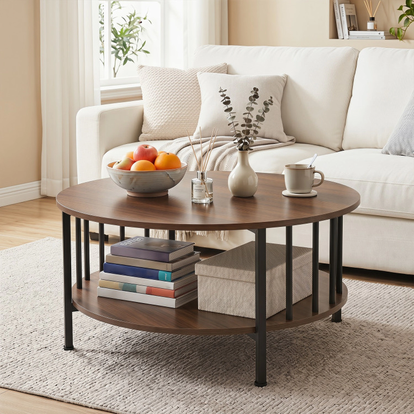 SUGIFT 2-Tier Round Coffee Table with Storage Shelf and Metal Accents 220-lb Capacity Black/Walnut