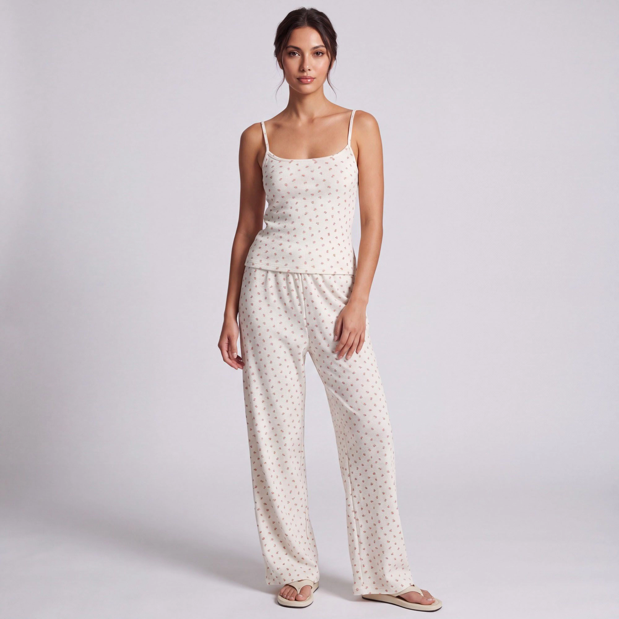 Anna-Kaci Women's 2-Piece Waffle Knit Ditsy Floral Camisole with Adjustable Straps and Relaxed Wide Leg Lounge Pants