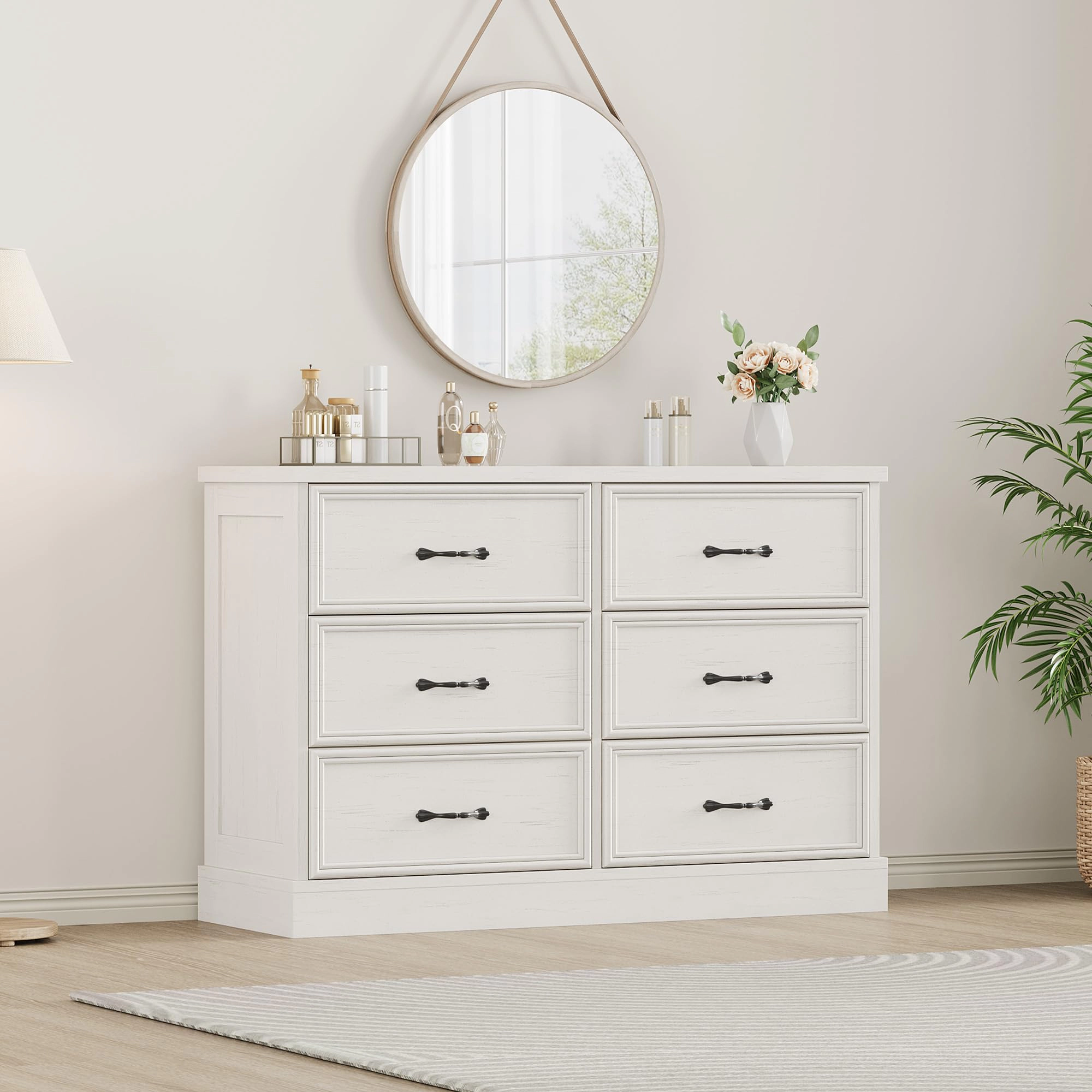6 Drawer Wooden Dresser, 47" Wide Chest with Large Storage Drawers for Bedroom or Living Room