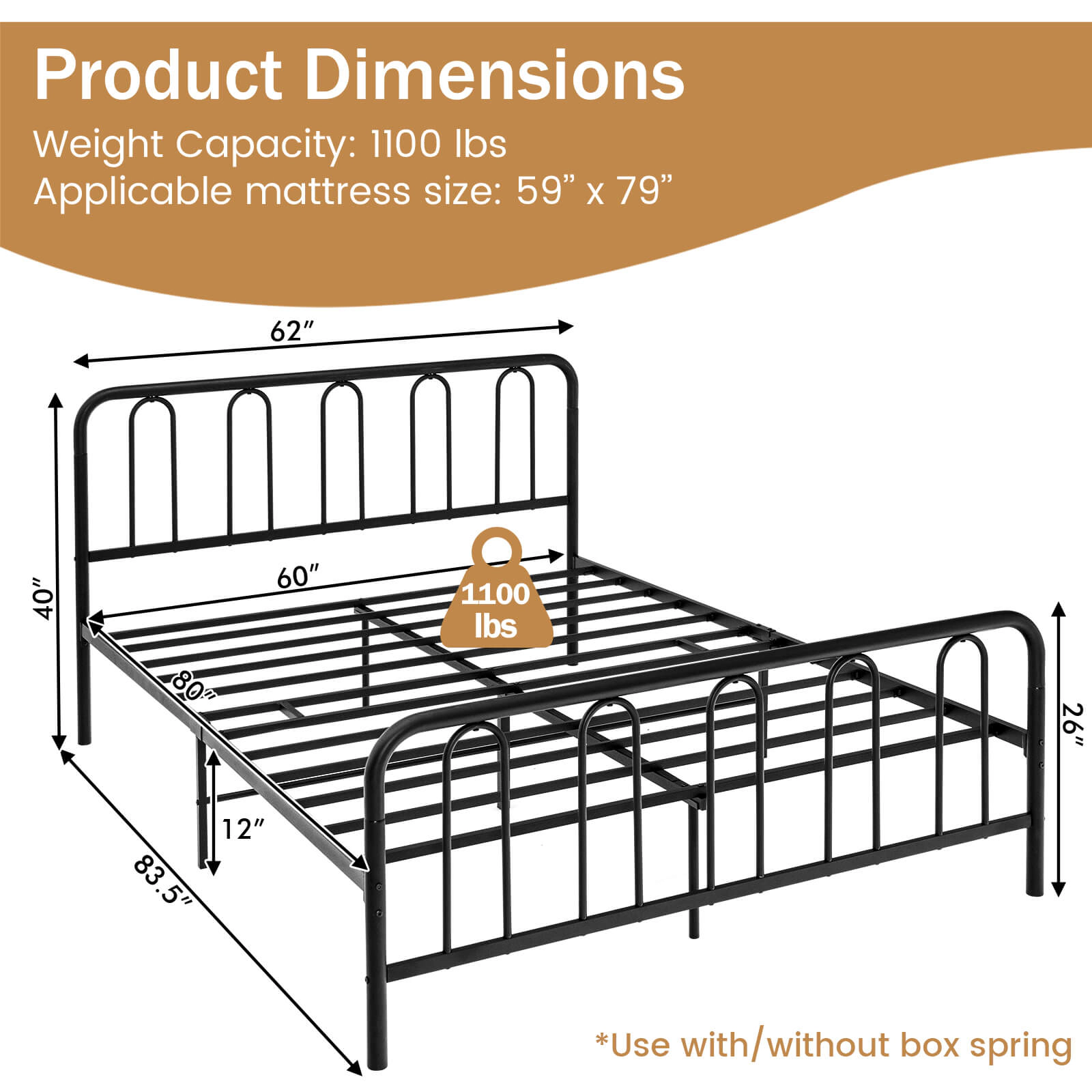 SUGIFT Steel Platform Queen Bed Frame with Headboard and Footboard 1100-lb Capacity 83.5-in Long 40-in Tall Black