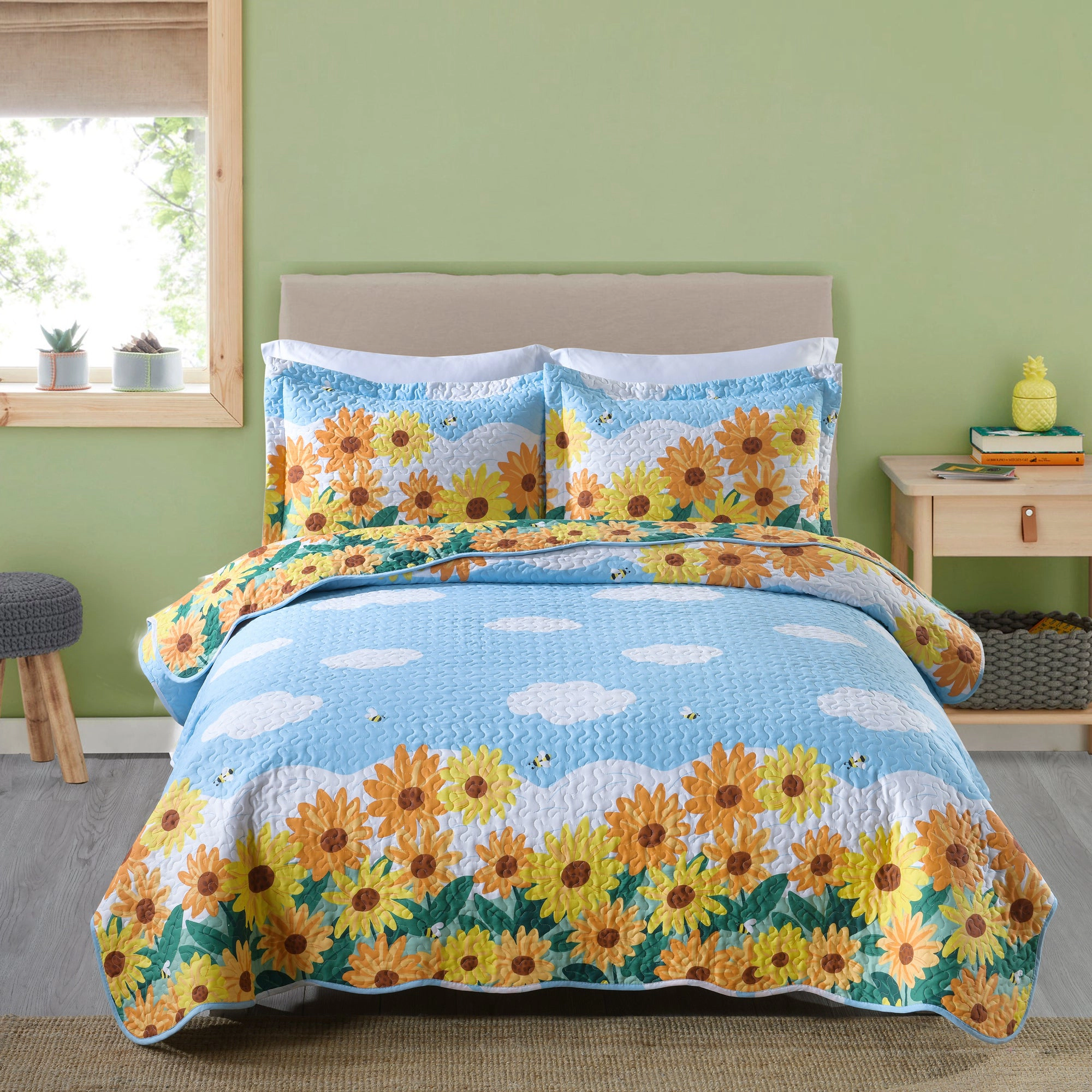 MarCielo 2/3 Piece Kids Sunflower Quilt Set – 100% Cotton Lightweight Floral Bedspread Set