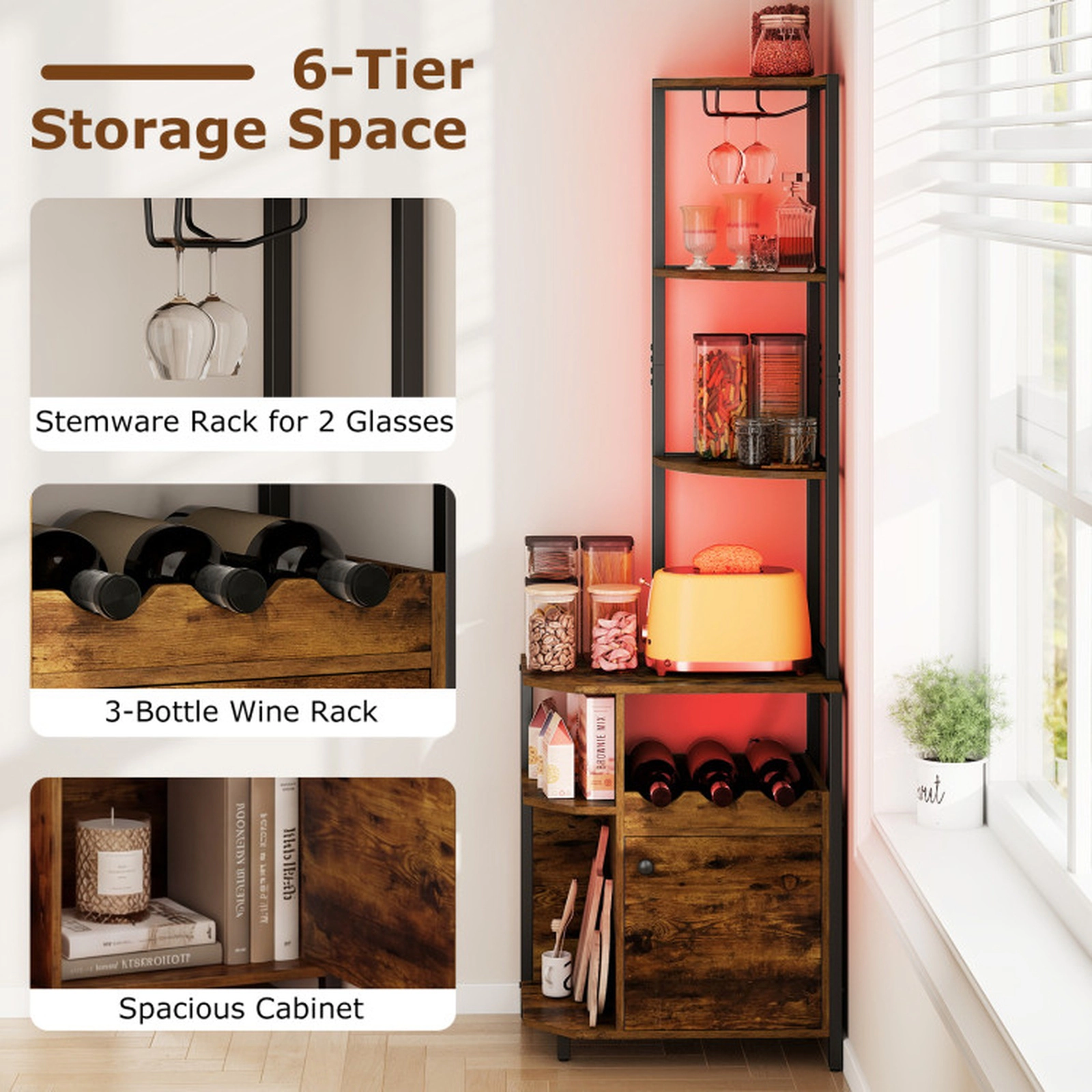 SUGIFT 6-Tier 61.5-in Rustic Brown Corner Bar Cabinet with RGB LED Lights Charging Station and 3-Bottle Wine Rack