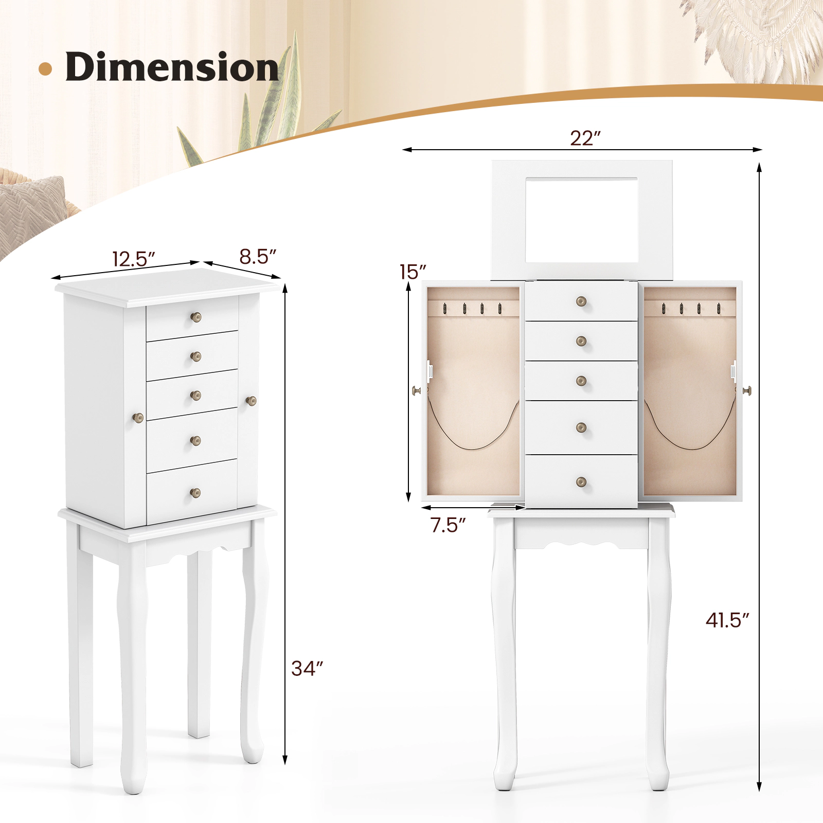 SUGIFT Standing Jewelry Cabinet White 34 in Armoire with 5 Drawers and Mirror