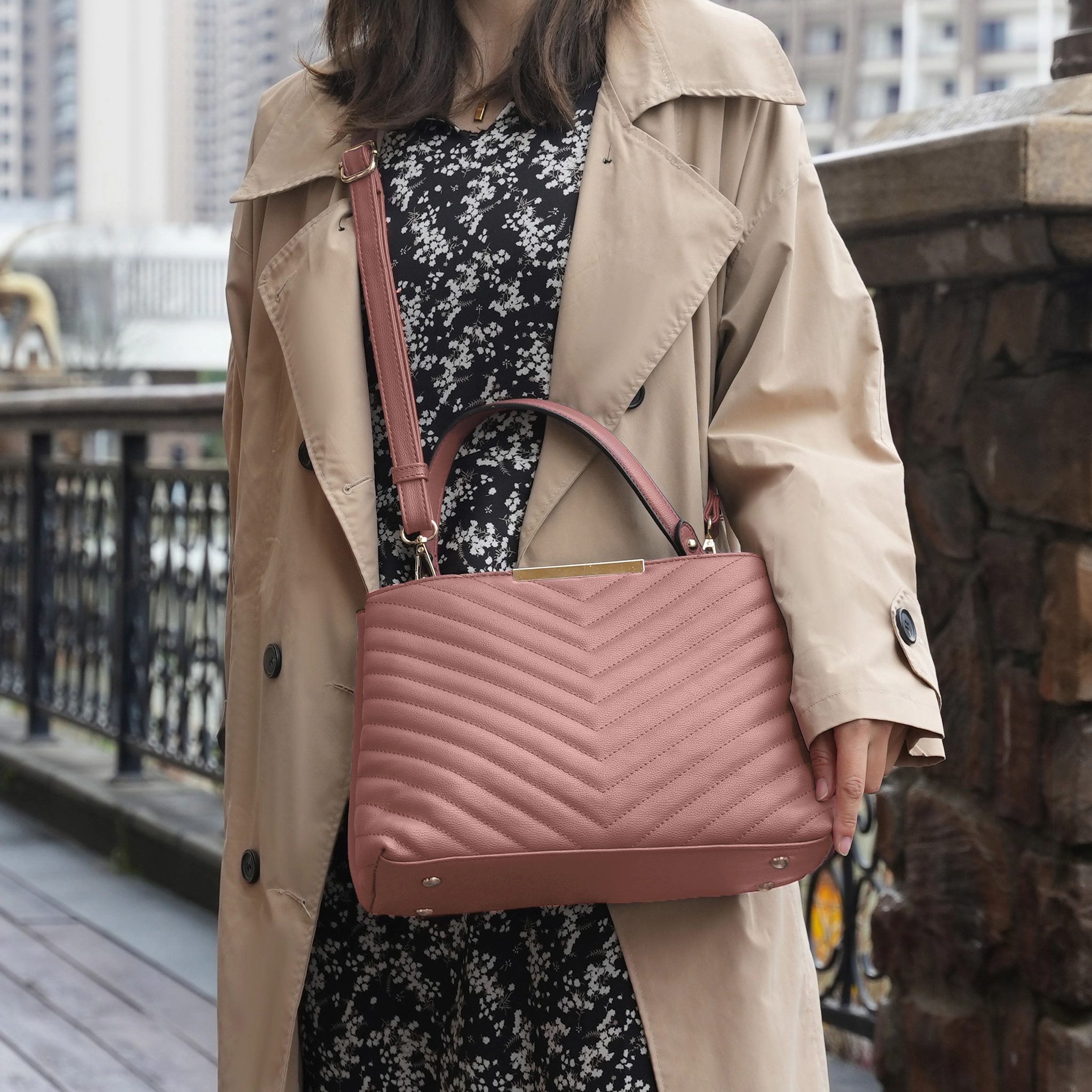 Mia K Collection Dakota Quilted Vegan Leather Satchel, Dark Pink