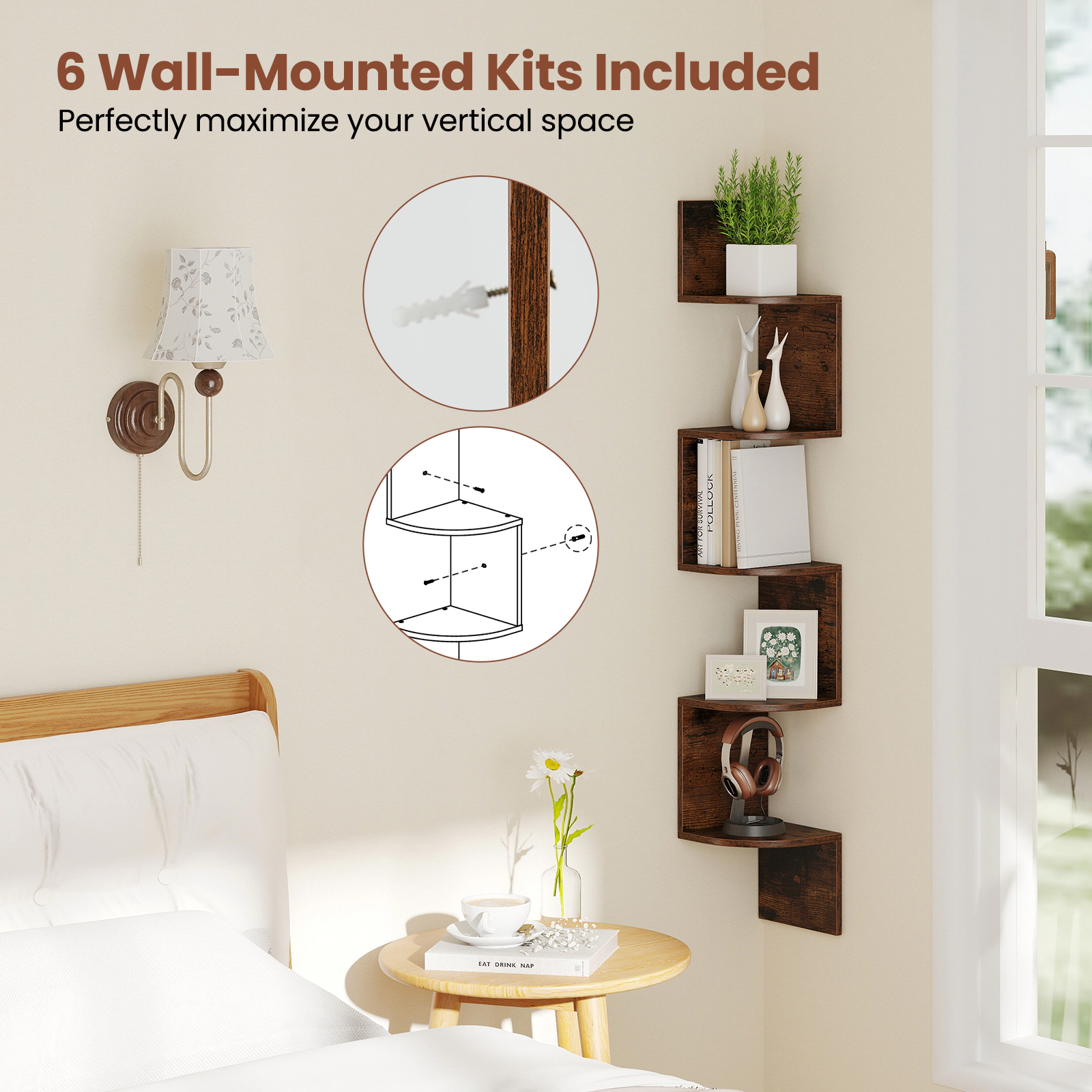 SUGIFT 5-Tier Rustic Brown 50-in Wall Mounted Floating Corner Bookshelf with 6 Mounting Kits and Edge Guards