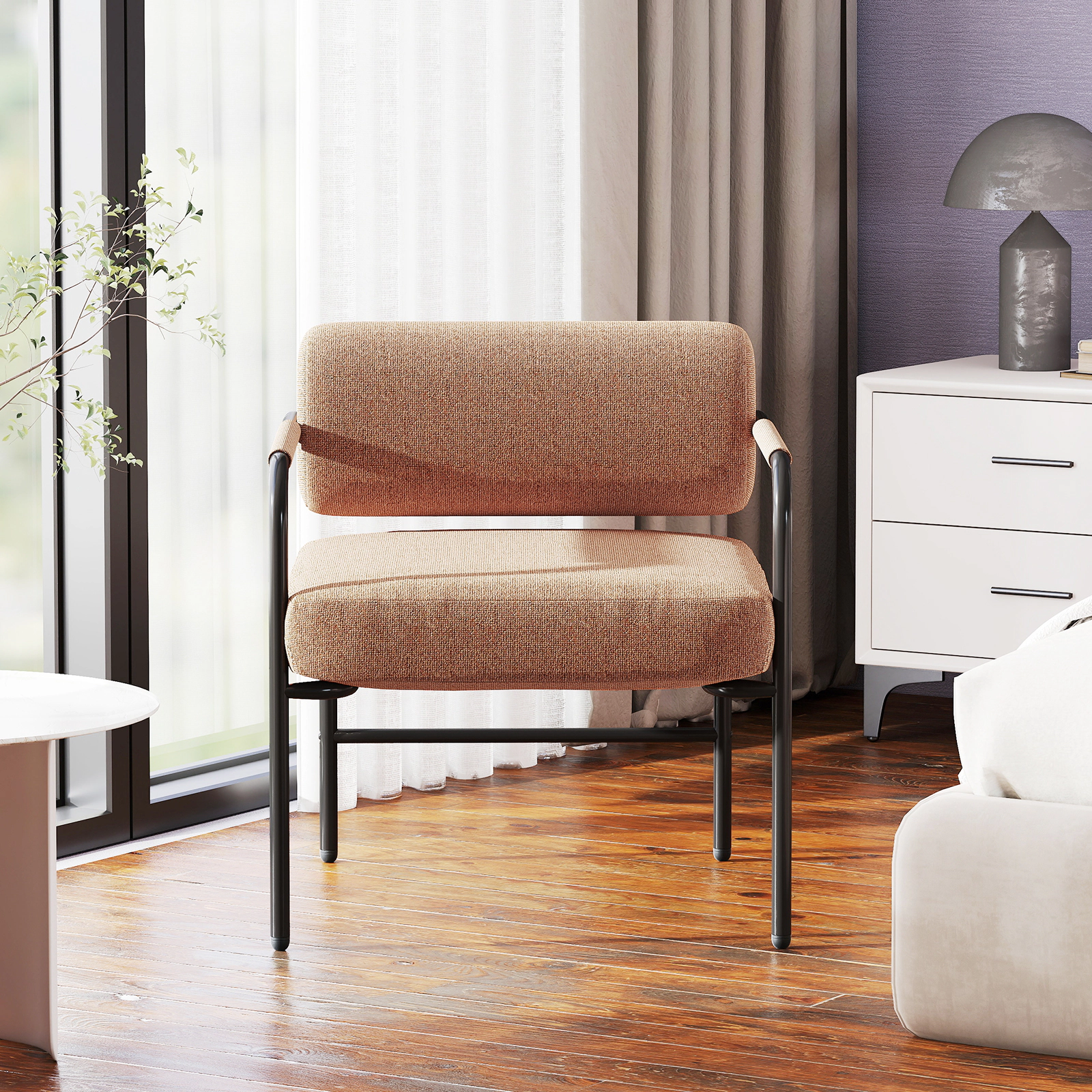SUGIFT Velvet Upholstered Accent Chair Cylindrical Backrest & Metal Armrests 27.5-in Wide Frame 330-Lb Capacity Brown