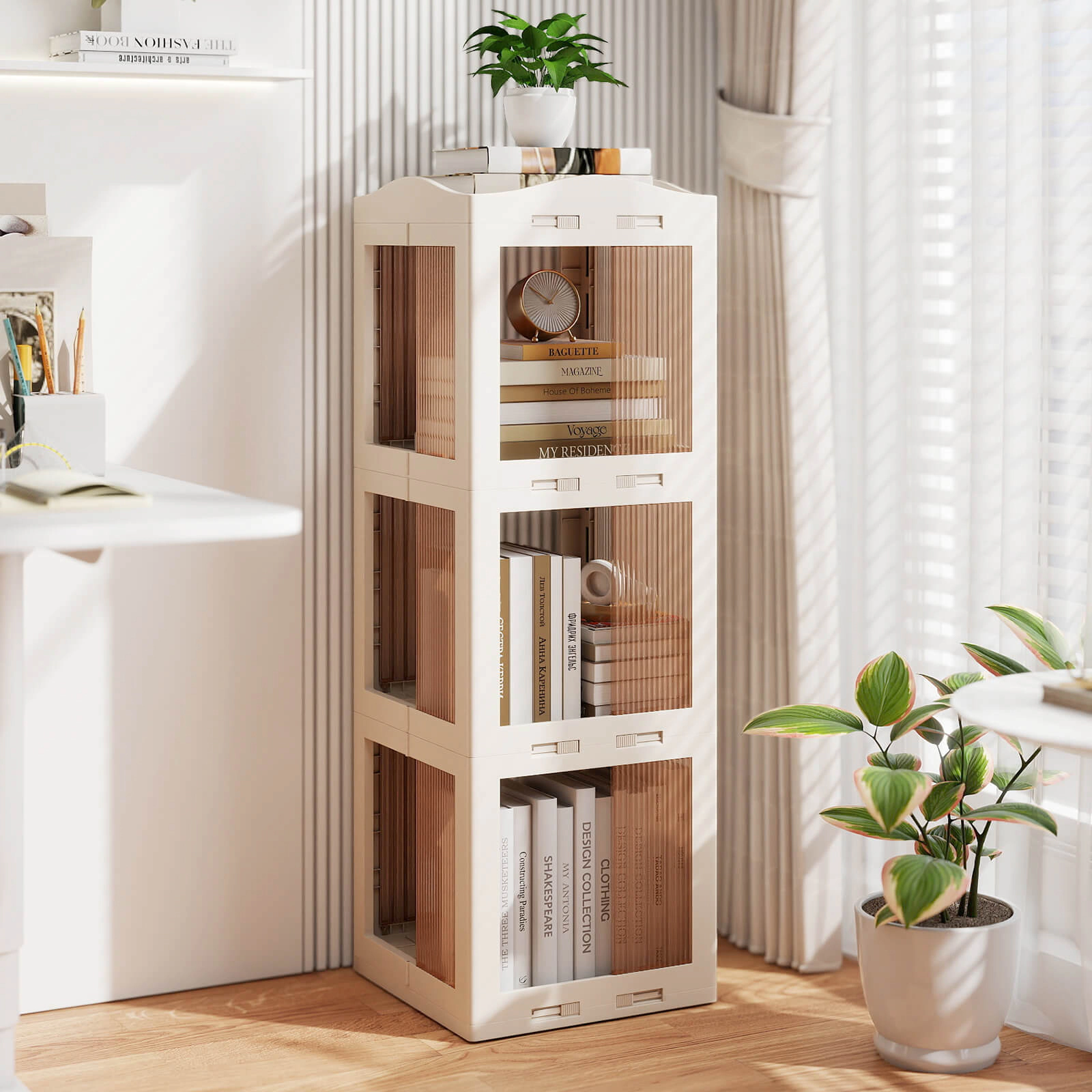 Costway 360° Spinning Bookcase with Swivel Base, 3-Tier Revolving Bookshelf Tower for Study White