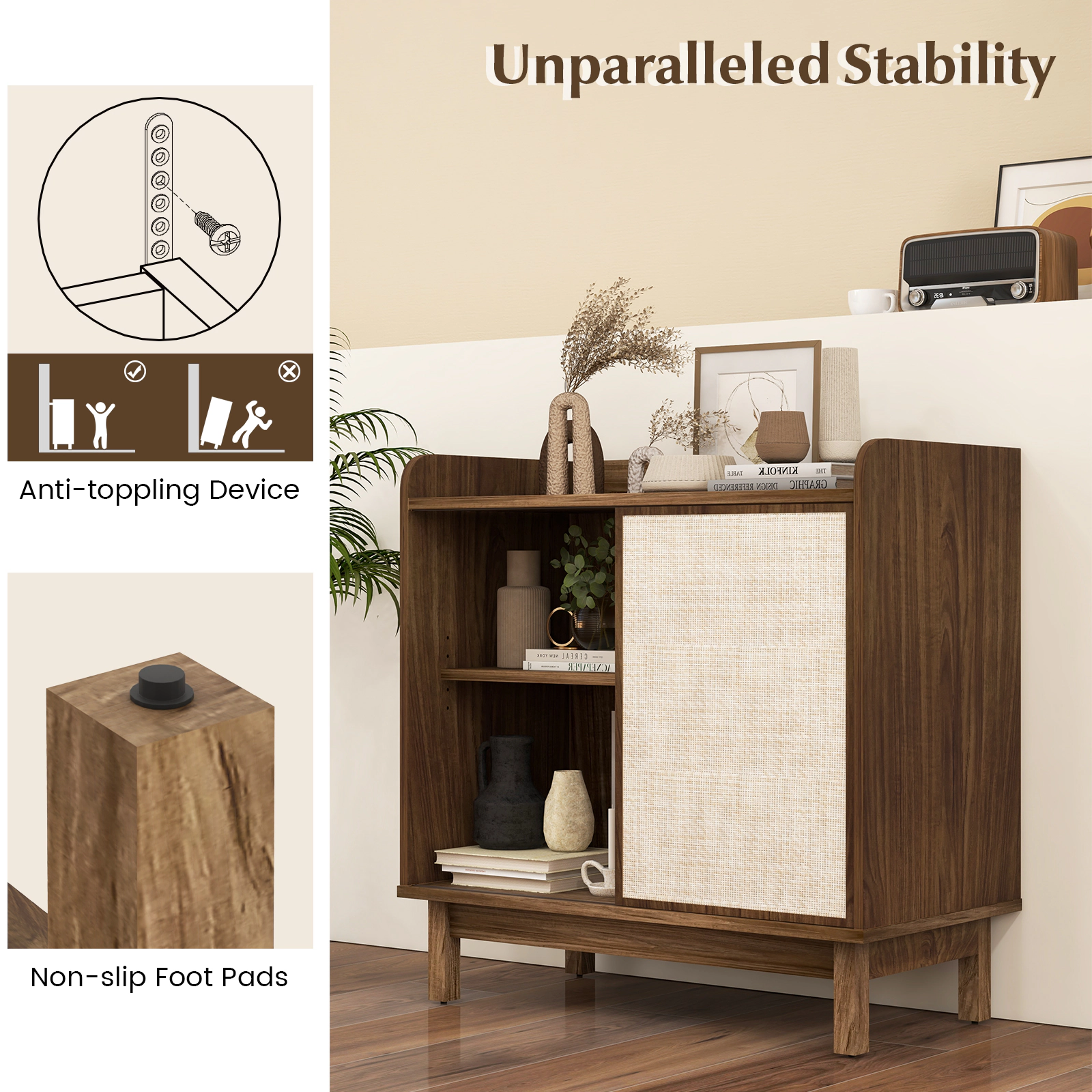 SUGIFT Sliding Rattan Door 5-Position Shelves Buffet Sideboard 31.5-in x 15.5-in x 31.5-in 46-lb Net Weight Walnut