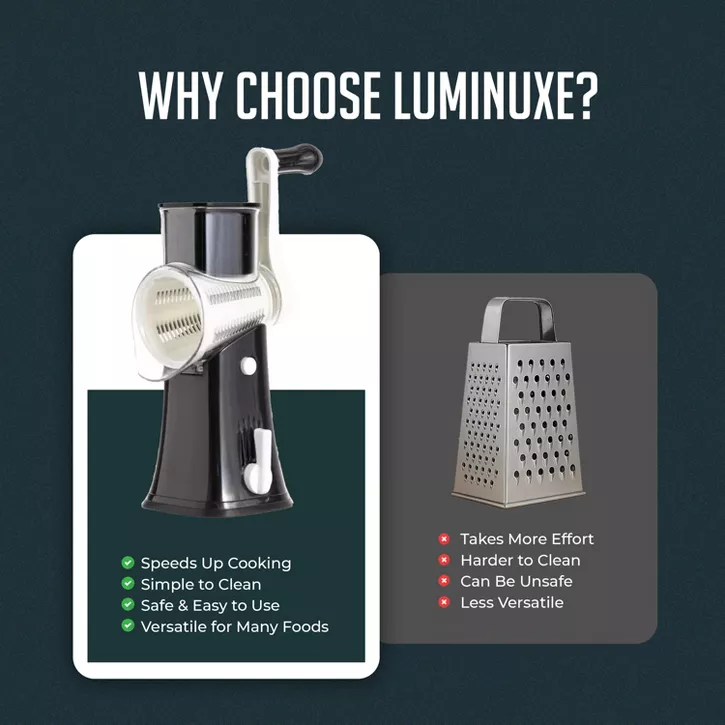 Luminuxe Rotary Cheese Grater w/ Handle, Manual Cheese Shredder Strong Suction Base. Kitchen Mandoline Vegetable Slicer