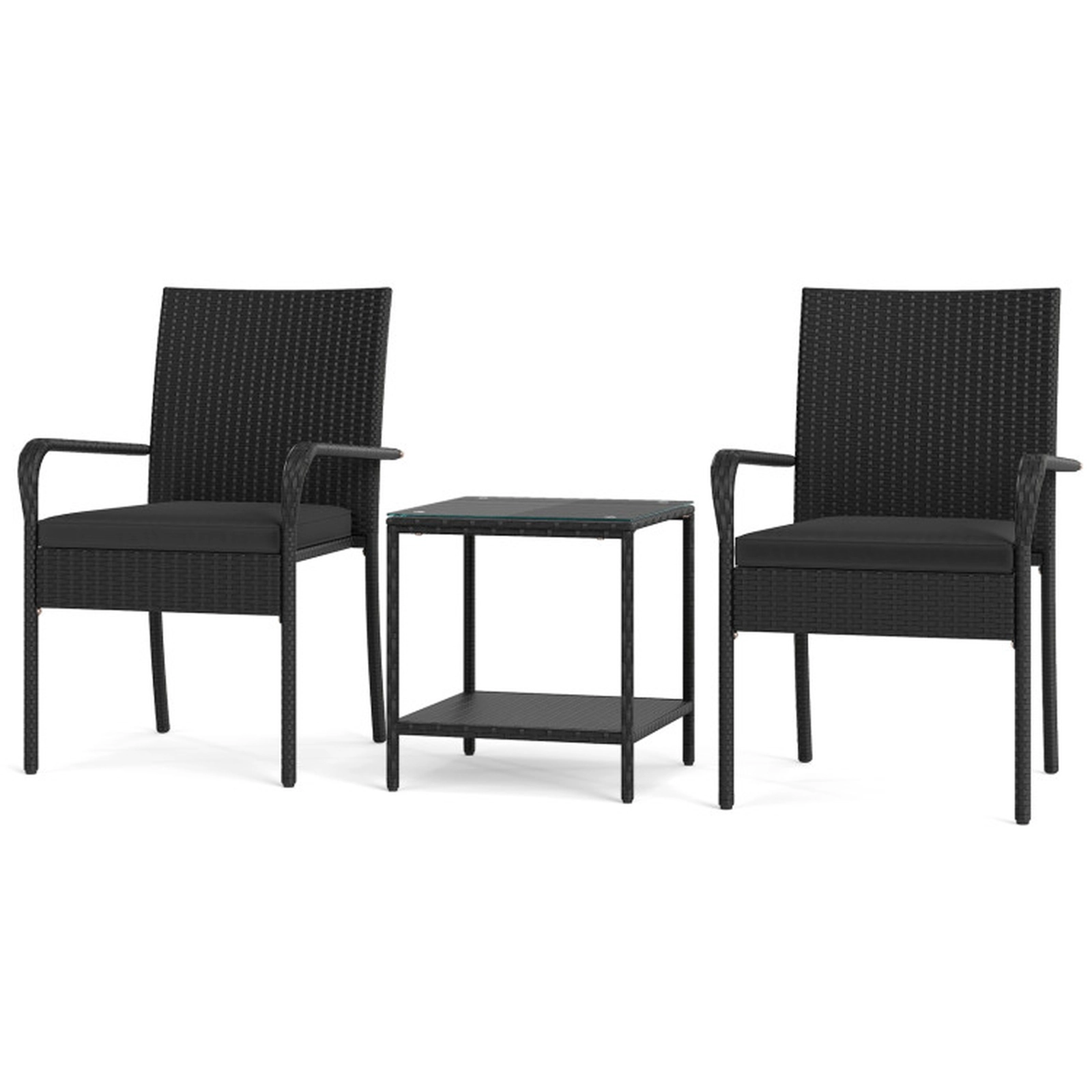 SUGIFT Seat Cushions and 2-Tier Side Table 3-Piece Patio Rattan Chair Set