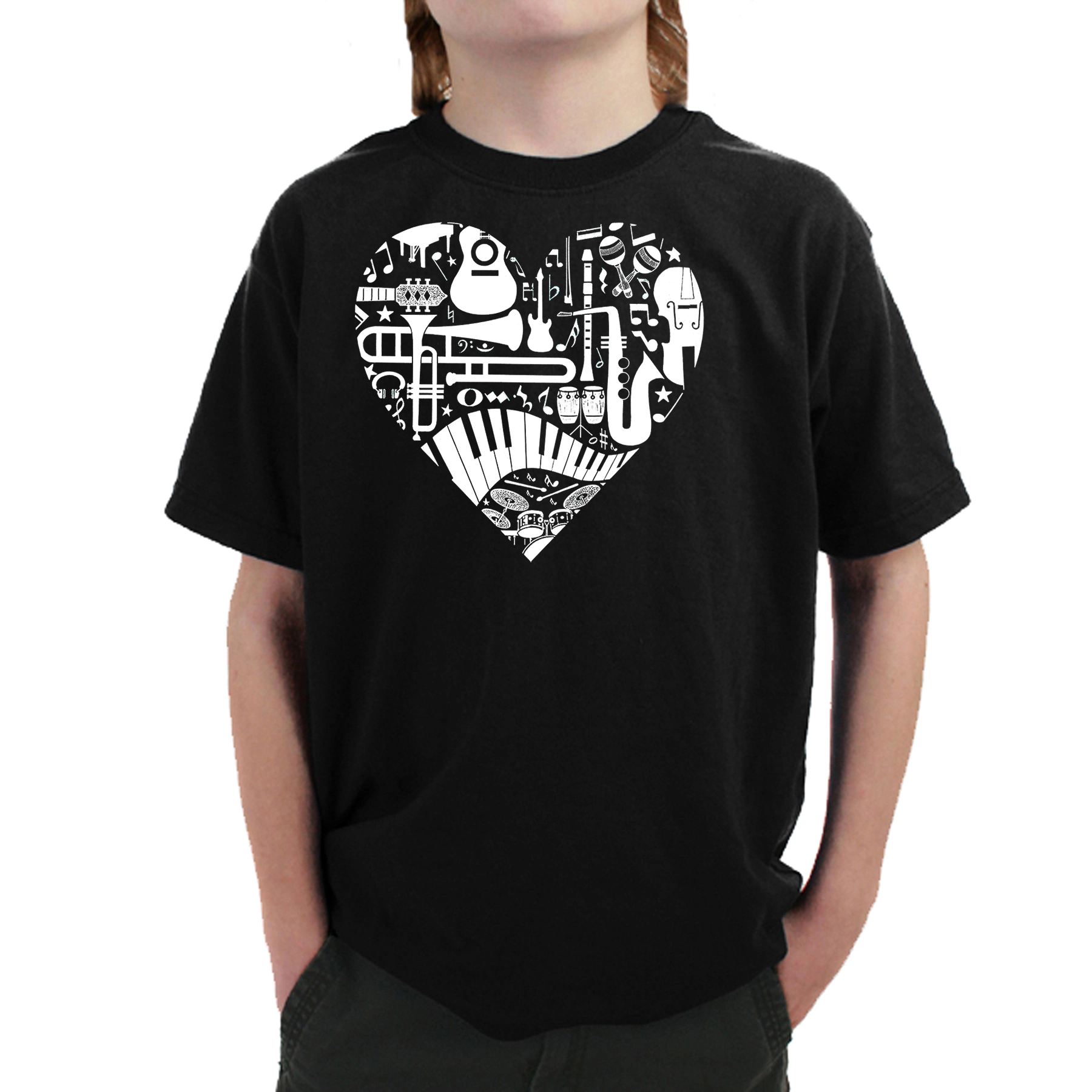 LA Pop Art Boy's Word T-Shirt - Musical Instrument Heart