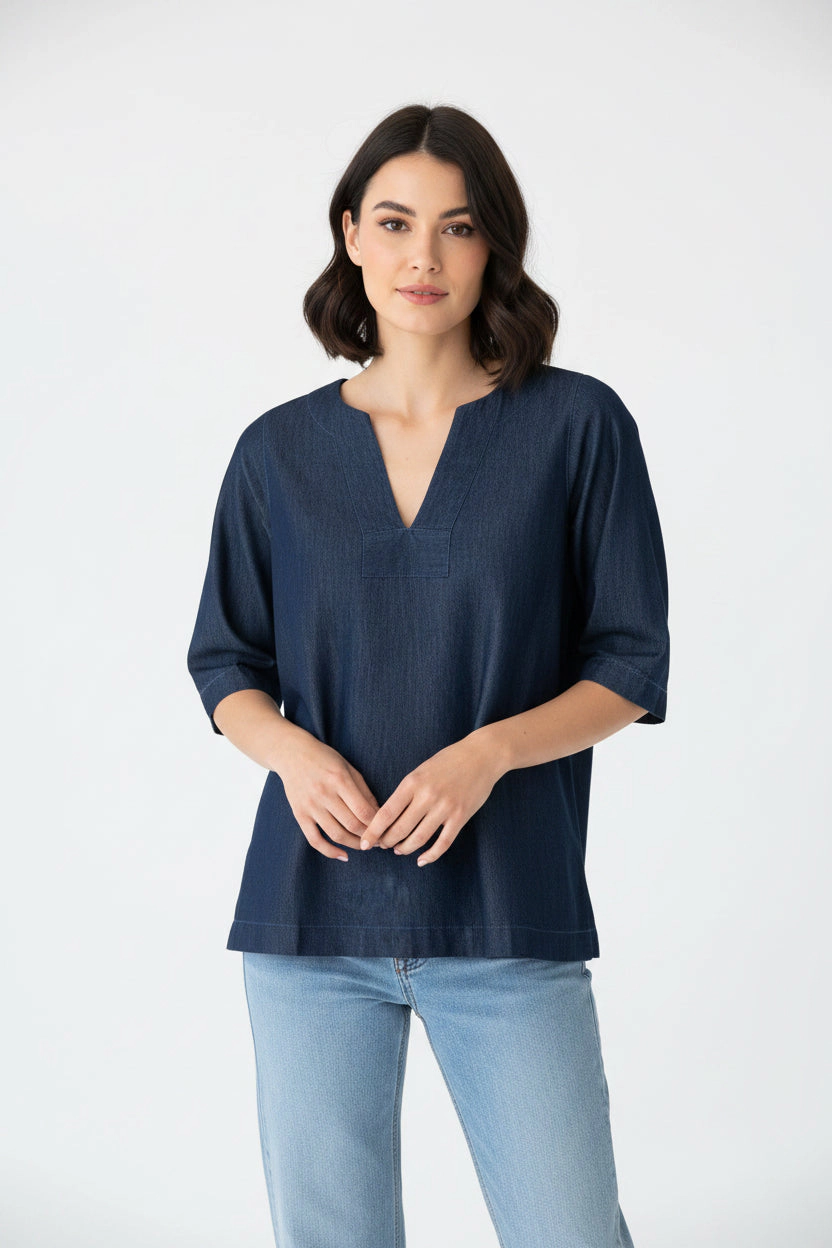 DressAtR Women's Navy Blue Denim V Neck Three Fourth Sleeve Blouse