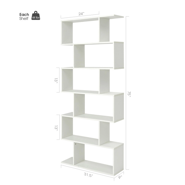 Hivvago Modern S-Shape Bookcase with 6 Spacious Display Shelves