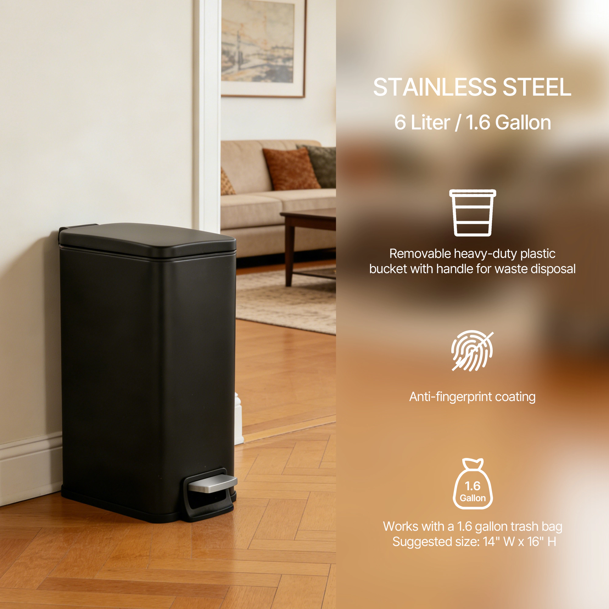 Innovaze Slim Bathroom Trash Can with Lid, 1.6 Gallon Stainless Steel Small Garbage Can, Black