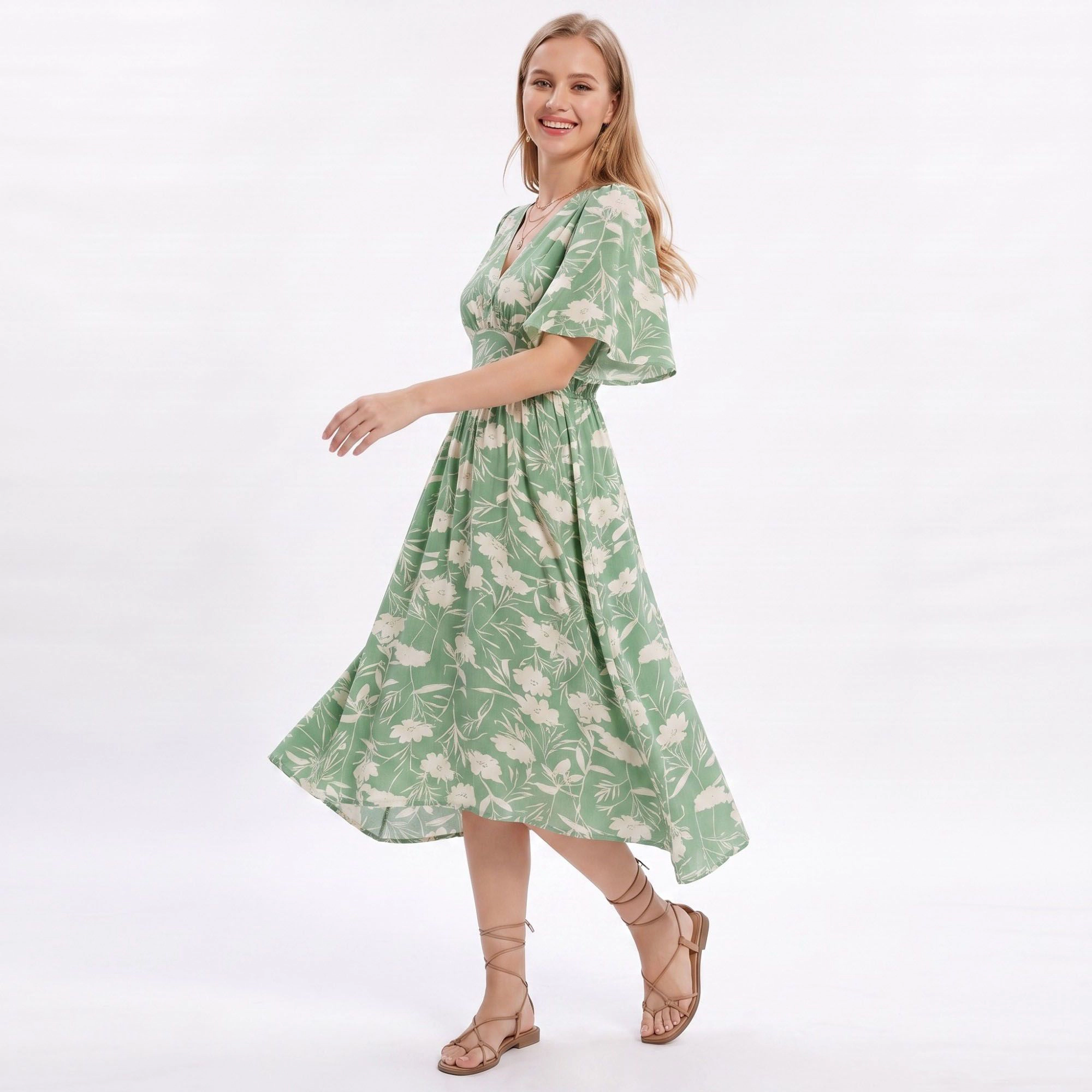Anna-Kaci Women's Floral Print Flutter Sleeve Smocked Waist Midi Dress