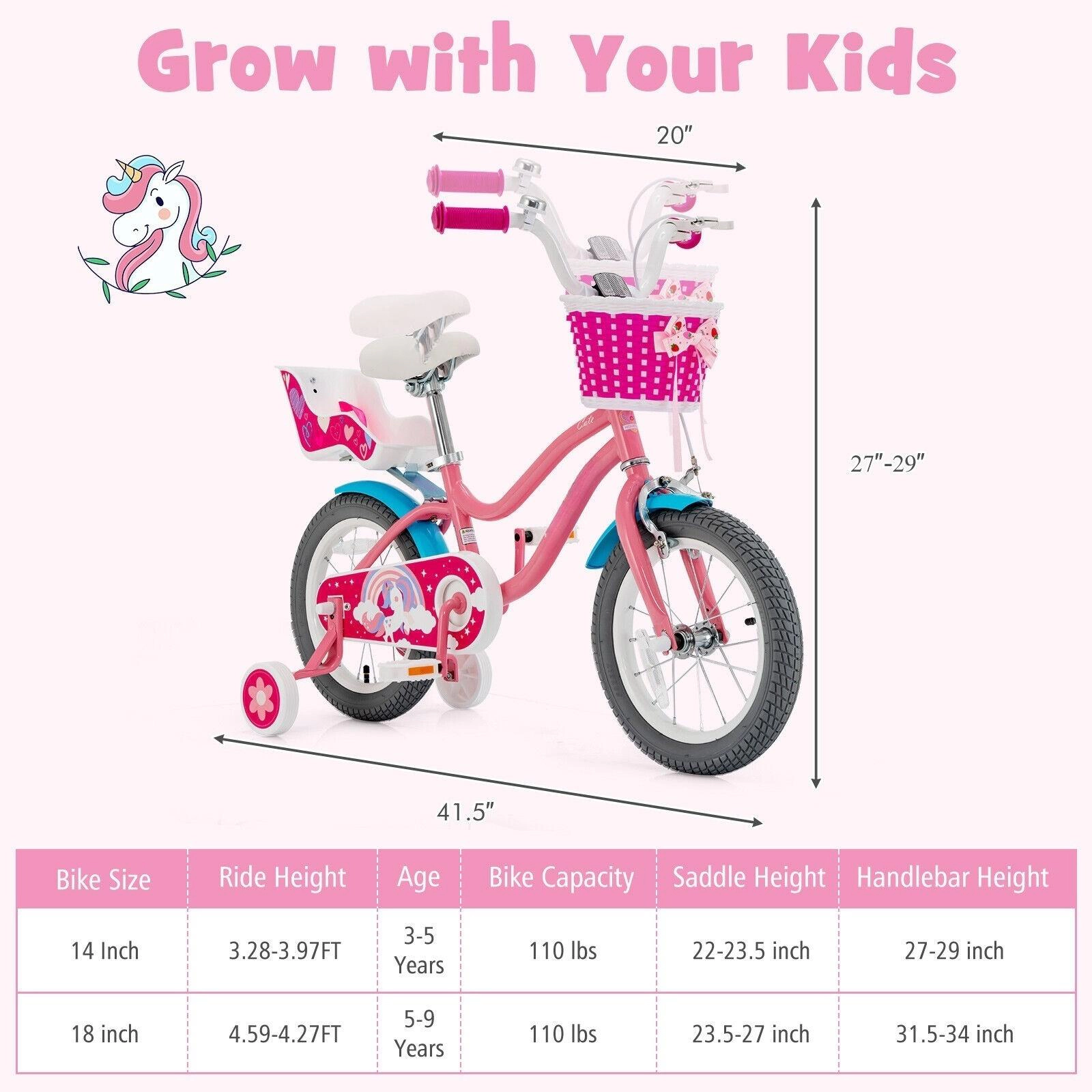 SUGIFT Kids Bicycle with Training Wheels Basket and Doll Seat 110-lb Capacity Ages 4-8 Pink 14-Inch Wheel