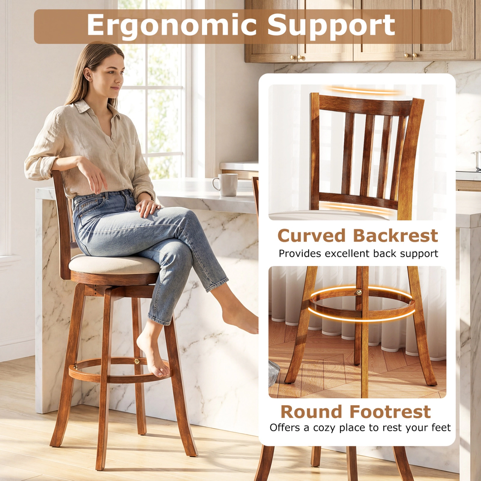 SUGIFT 360° Swivel Bar Stools Set of 4 Backrest & Upholstered Seat 350-lb Capacity 30.5-in Seat Height Driftwood +Sand