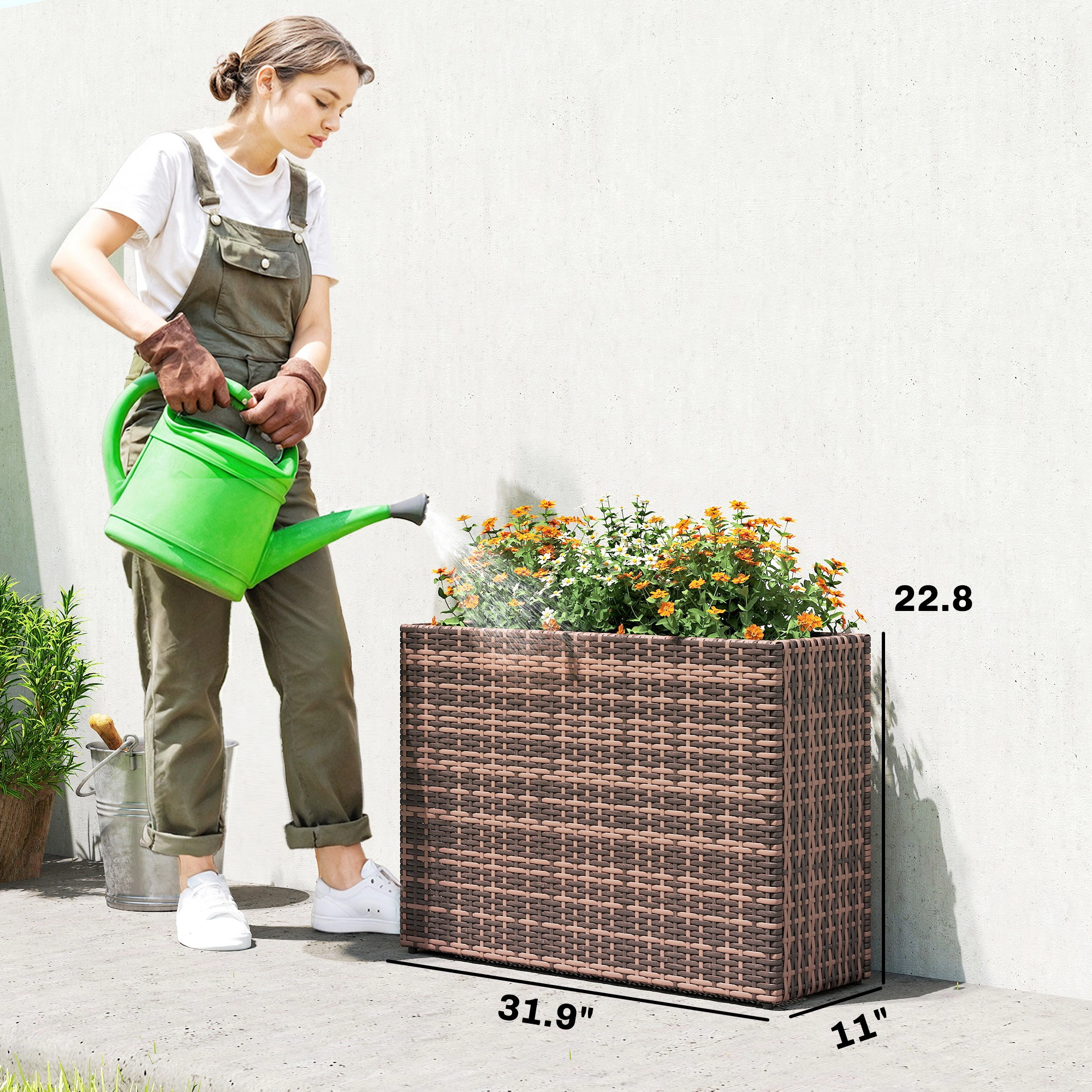 HONGGE Tall Rectangular Planter with Removable Liner Holes PE Wicker Large Box for Indoor Outdoor Plants