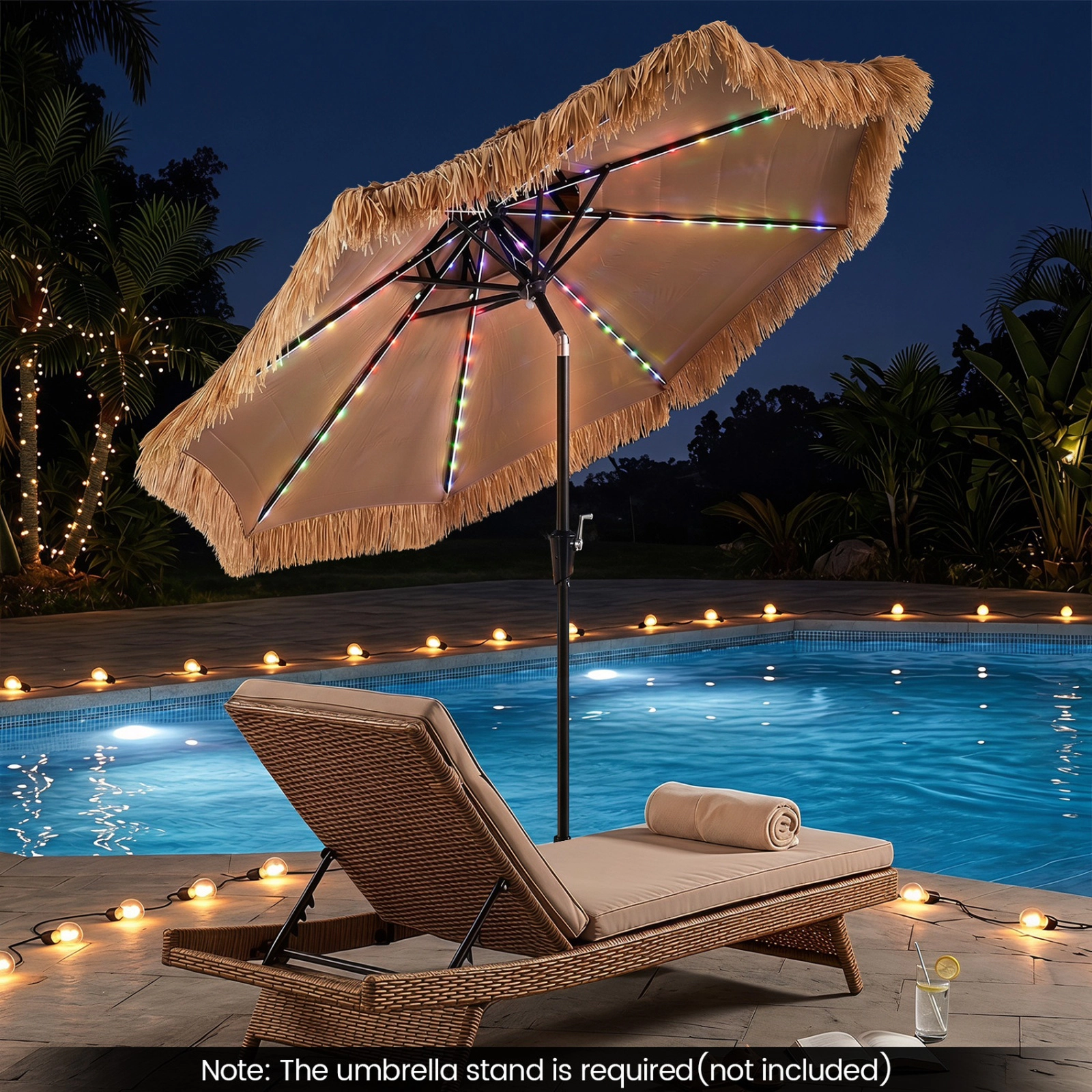 SUGIFT Solar 96-Light Thatched Tiki Patio Umbrella with 12 Lighting Modes 9-ft Canopy Natural and Black