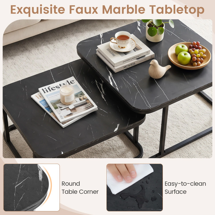 Hivvago Nesting Coffee Table Set Of 2 With Faux Marble Top And Metal Frame