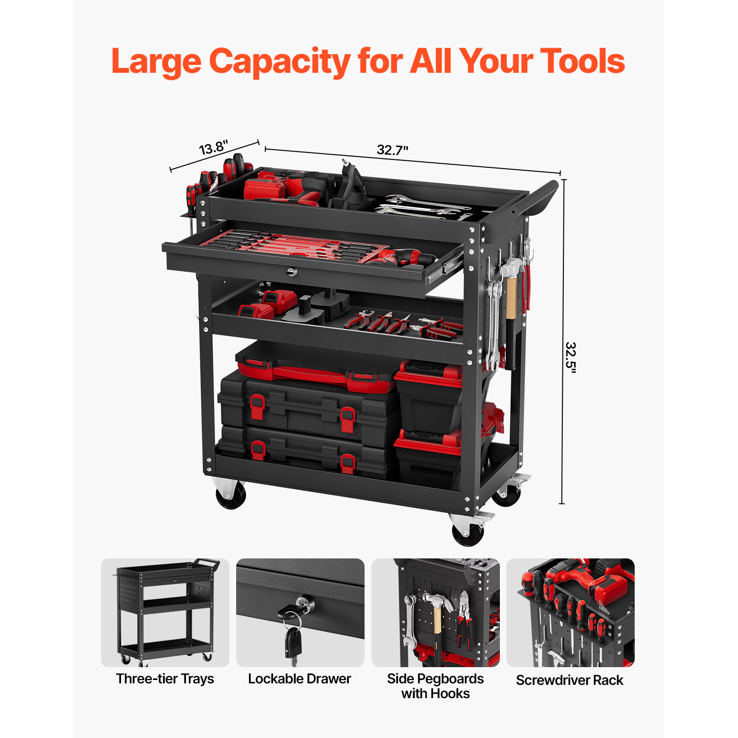HONGGE Rolling Tool Cart with Wheels, Pegboard, Mechanic Storage Organizer with Locking System for Garage, Warehouse