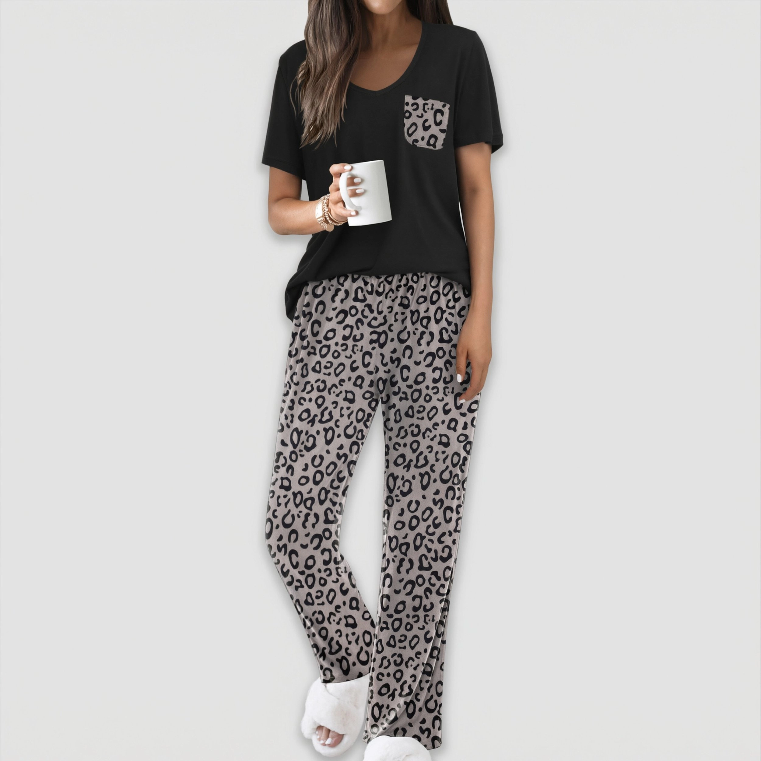 Ekouaer Pajama Sets for Women Short Sleeve Pj Set V Neck Sleepwear Chest Pocket with Long Pants
