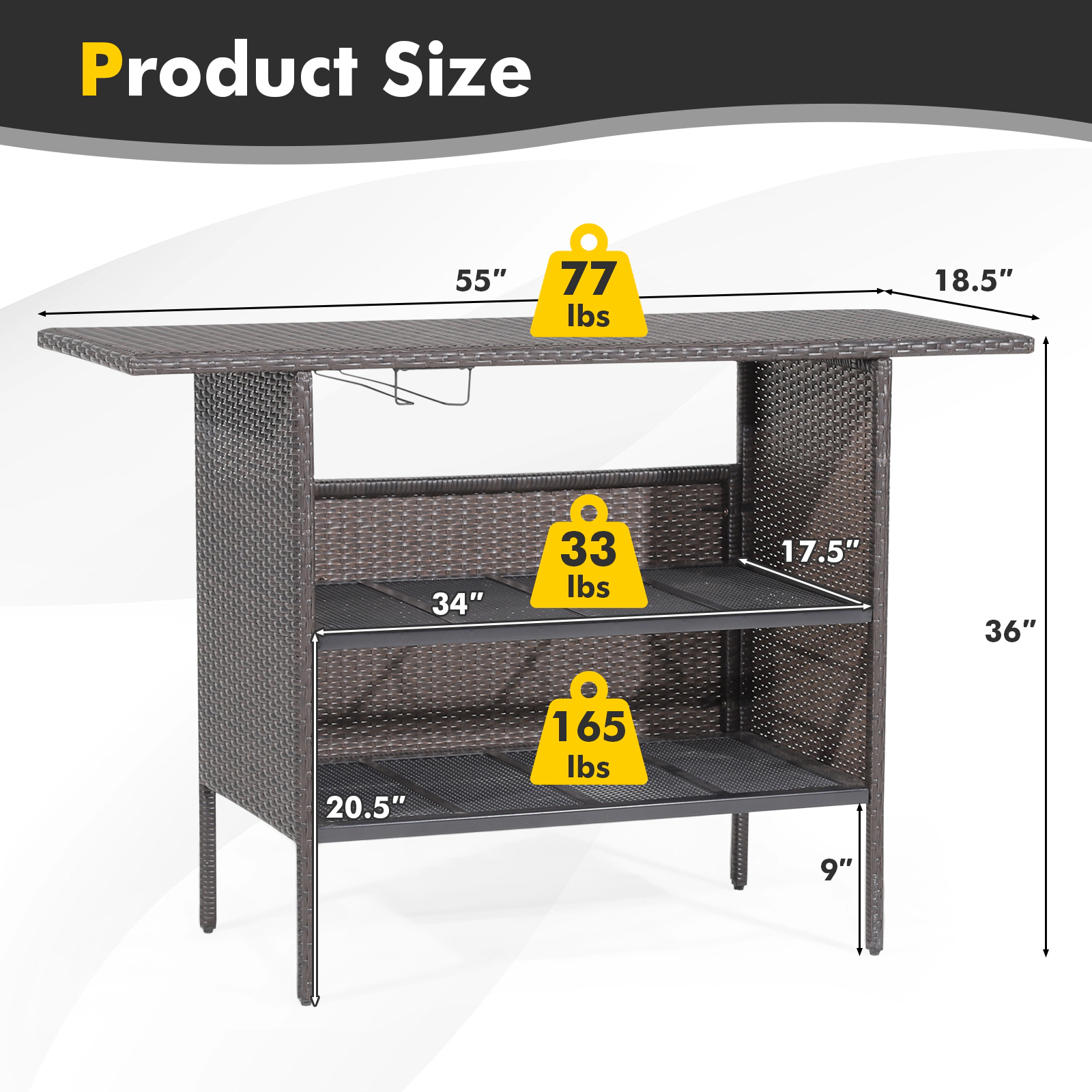 SUGIFT Outdoor Wicker Bar Table 2 Metal Mesh Shelves 77-lb Tabletop Capacity 55 x 18.5 x 36 in Mix Brown PE Rattan Steel
