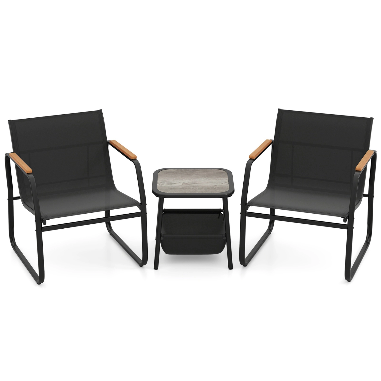 SUGIFT 3-Piece Brown Mesh Patio Bistro Set with 2 Armchairs and Storage Side Table