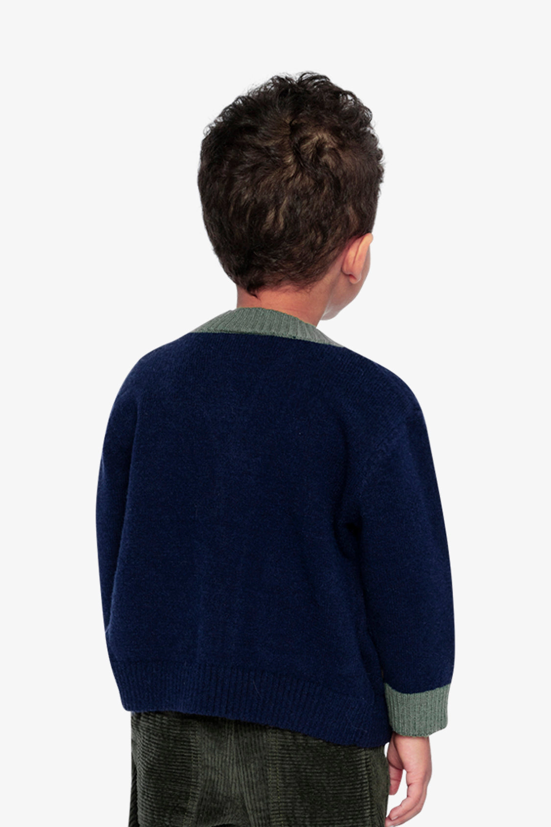 Deux par Boys Button Front Knit Cardigan with Dino Embroidery and Colorblock Pockets