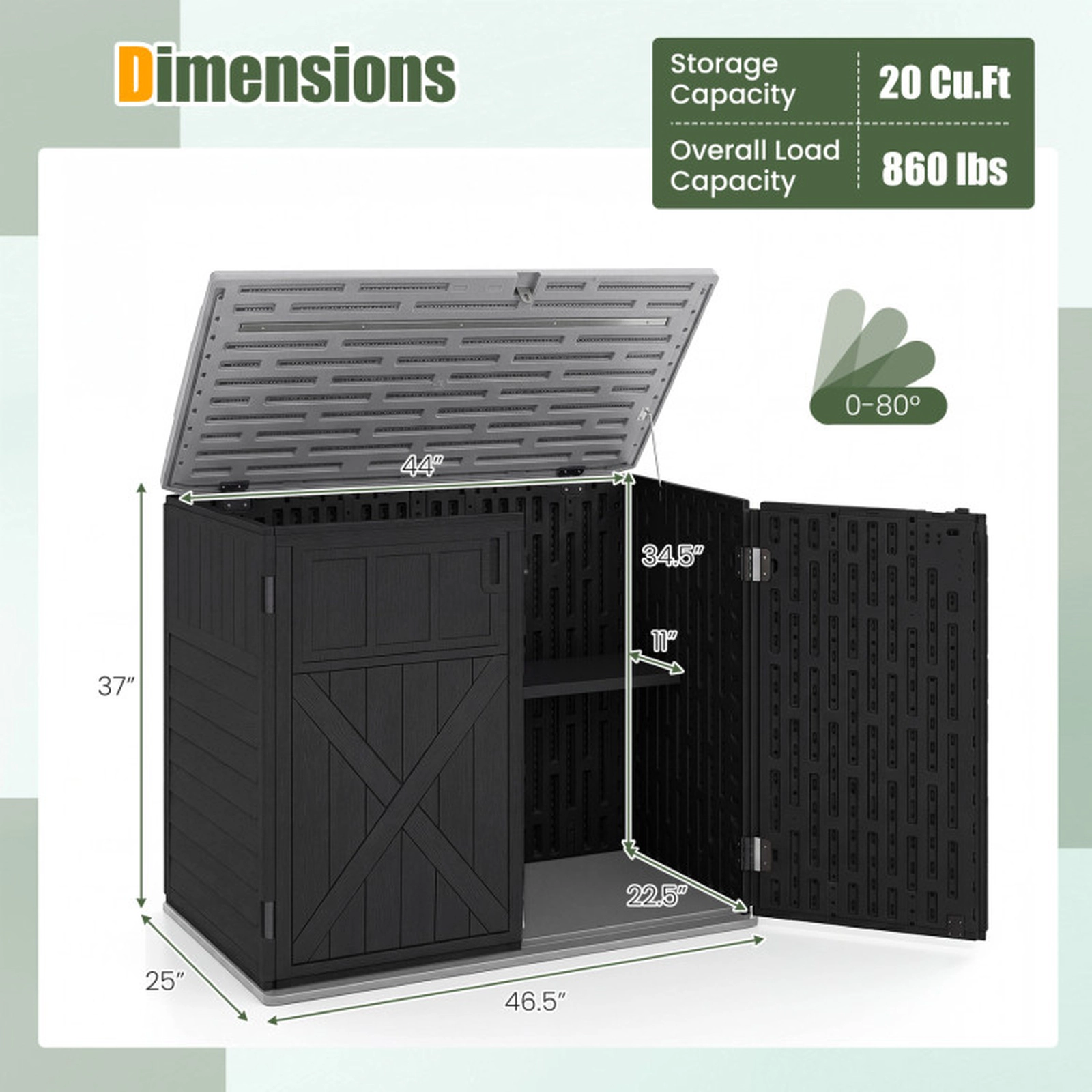 SUGIFT 20-Cu-Ft Lockable 3-Door Resin Horizontal Outdoor Storage Shed 46.5-in x 25-in x 37-in 860-lb Capacity Black