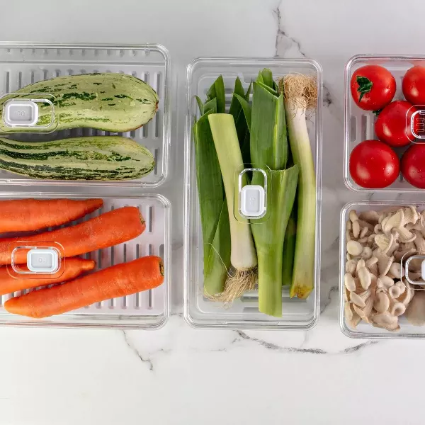 OU Fridge Food Organizer Bins w Vented Lid & Drain Tray, Clear Stackable Storage Container BPA Free 2 Pk (2.9qt + 5.3qt)