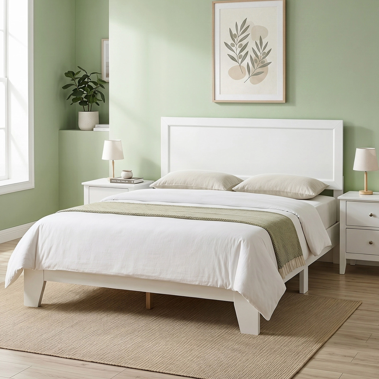 SUGIFT Full Size White Platform Bed with Mid-Century Panel Headboard