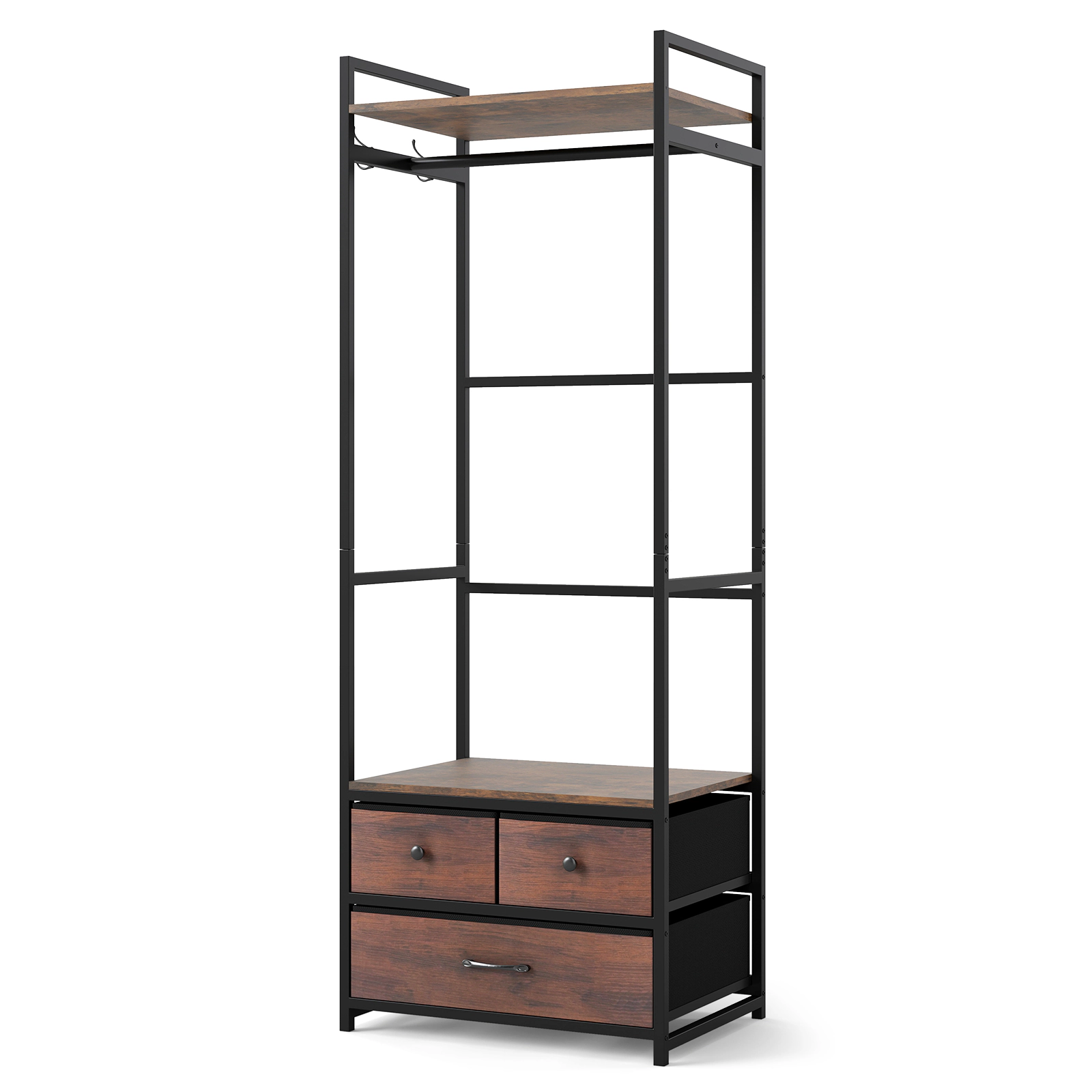 SUGIFT 69-in Tall Industrial Open Wardrobe Clothes Rack with 3 Fabric Drawers Shelves and Side Hooks